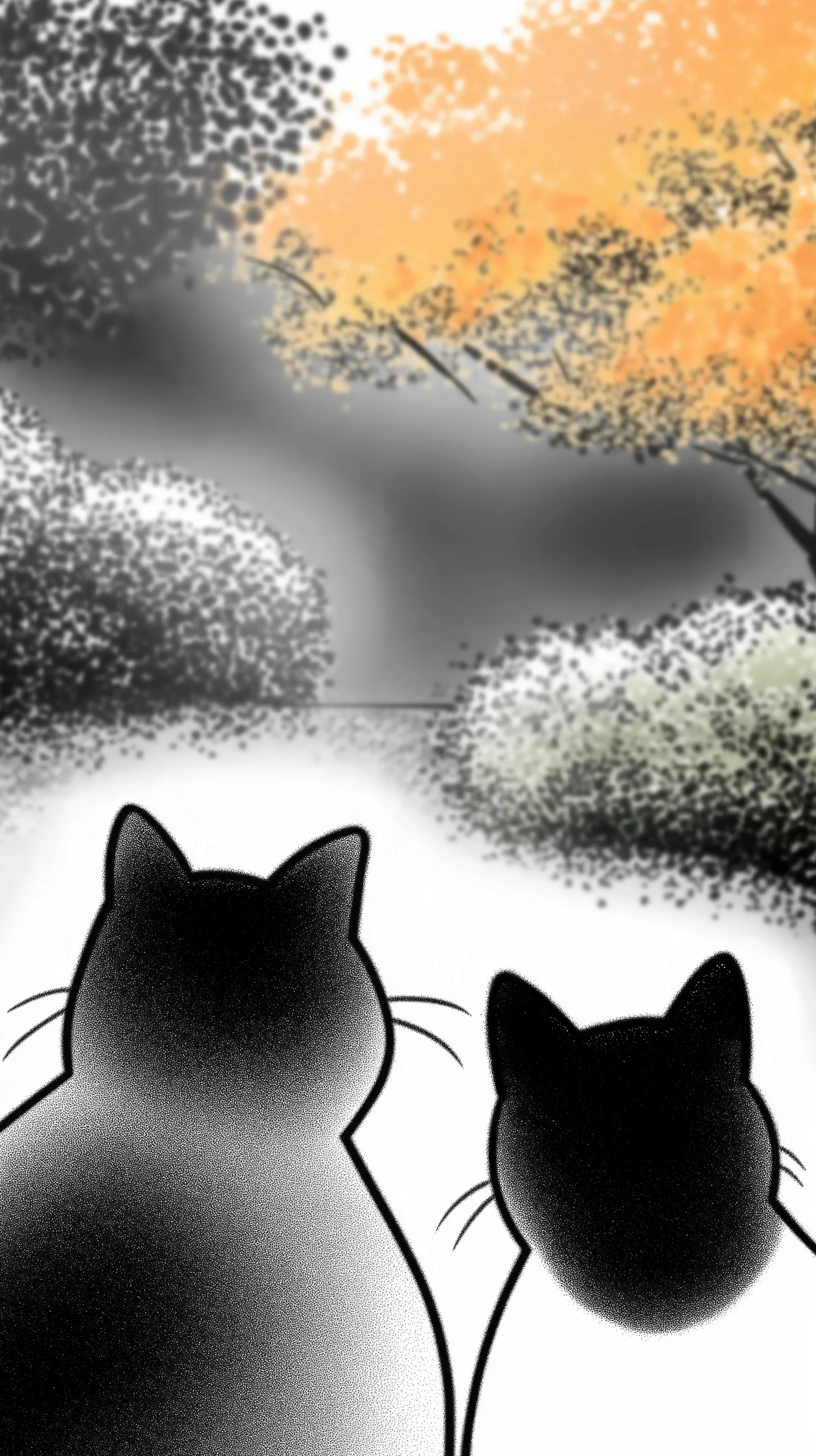 Two cartoon cats sitting on a window sill looking at a rainy autumn garden, black and white aesthetic.
