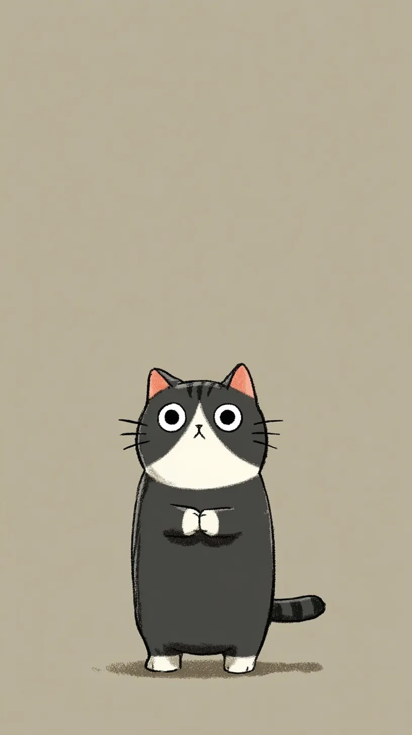 Cute anime-style black and white cartoon cat Kotaro in a begging pose, Pixar-inspired iPhone 17 wallpaper.