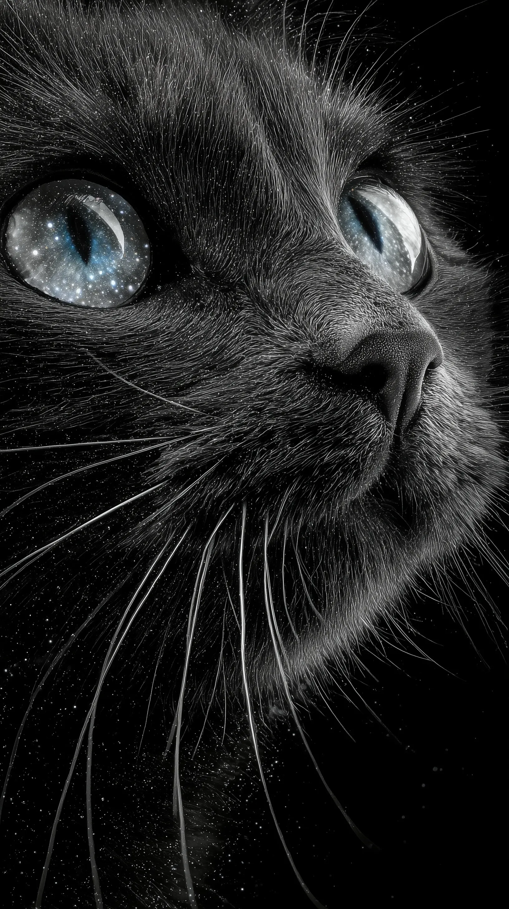 Cute black cat with galaxy eyes and whiskers, nebula-style glow, high-contrast portrait on black background.