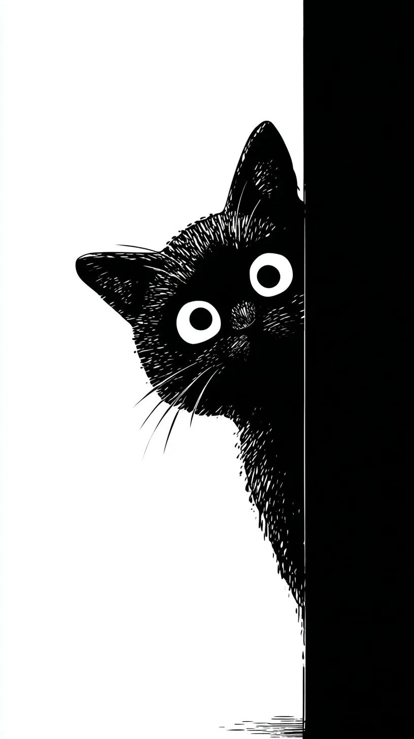 A cute black and white cat peeping vector sticker illustration on a clean white background.