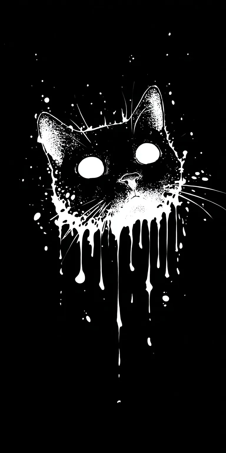 A cute, homely black and white cat illustration with a dissolving effect, perfect for a high-definition wallpaper.