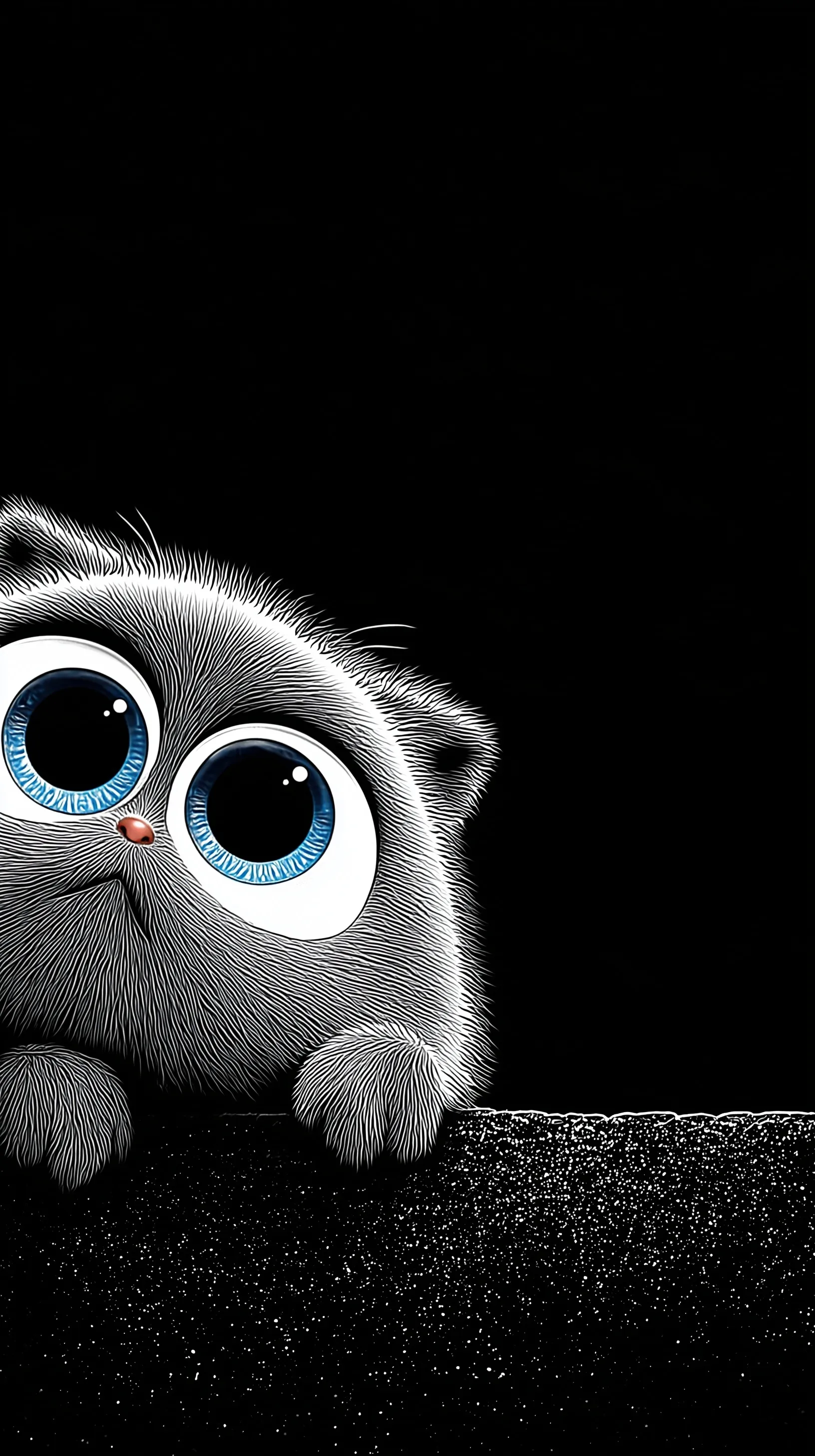 A Siamese kitten with striking blue eyes peeking over an edge against a minimalist black background.