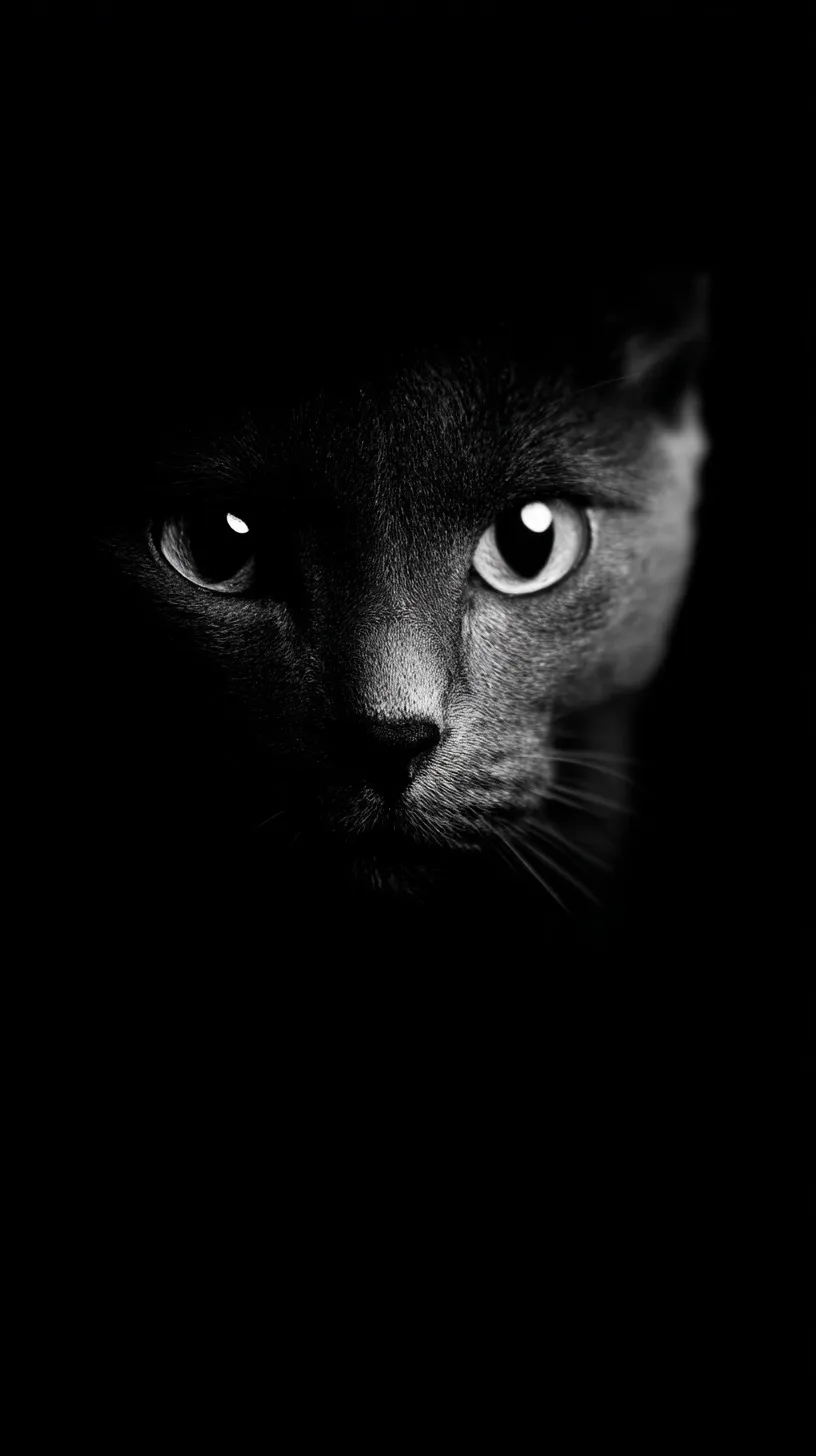 A sharp, macro portrait of a cute black and white cat face against a dark, minimalist background.