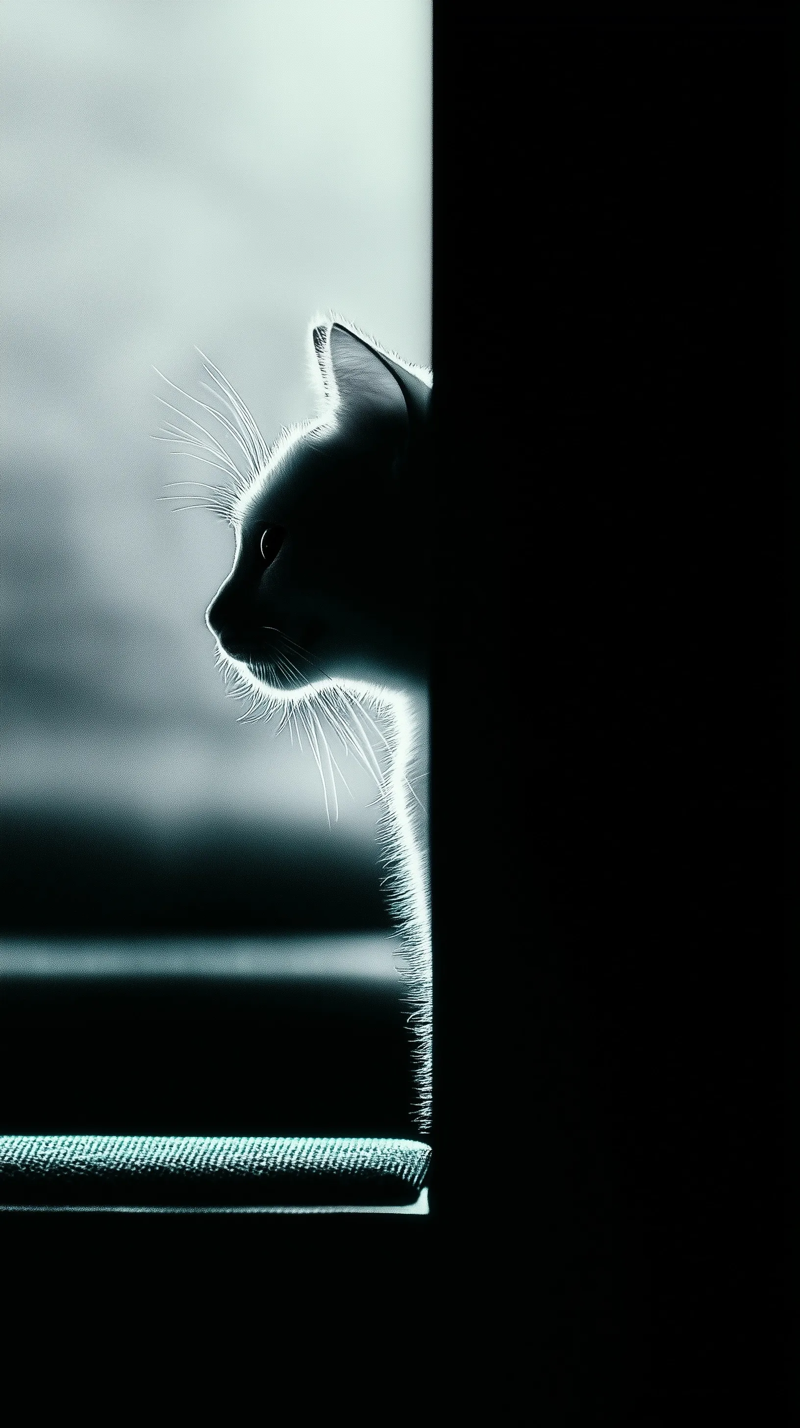 Dramatic portrait of a black and white cat in low light with split lighting, perfect for iPhone 17 wallpaper.