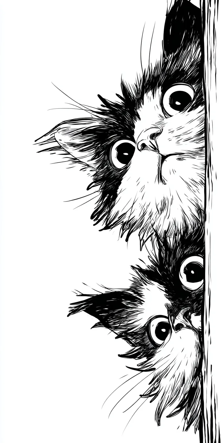 A cute black and white vector ink drawing of two playful cats peeking around a corner for iPhone 17 wallpaper.