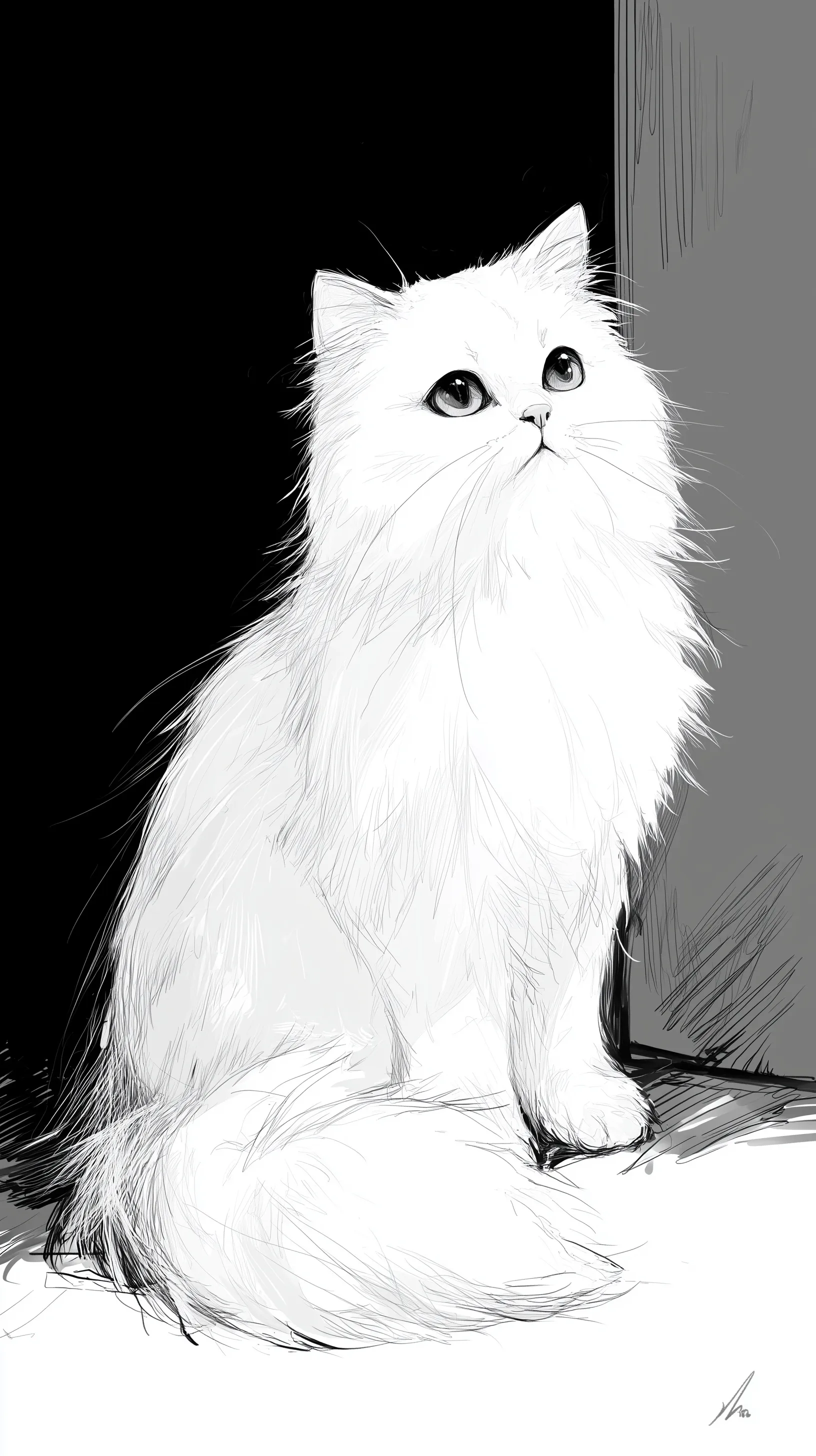 Cute black and white Persian cat in an anime sketch style, perfect for iPhone 17 Pro Max wallpaper.