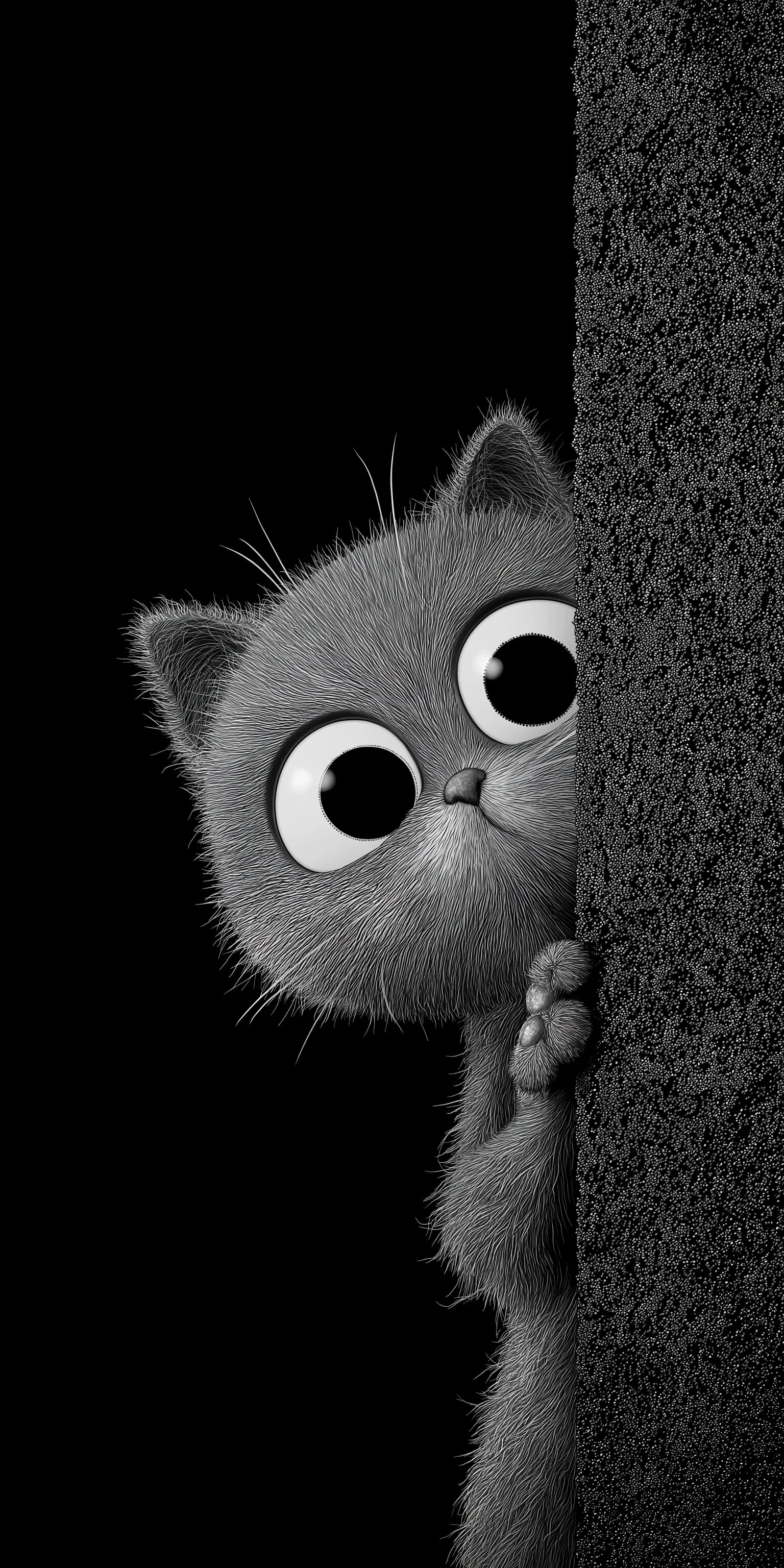 Cute gray cartoon kitten with big eyes peeking from a wall, Pixar style art for iPhone 17 wallpaper.