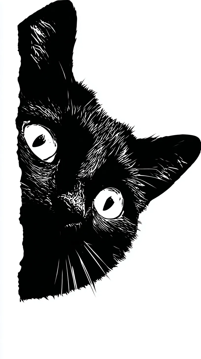 A cute black and white cat peeping vector sticker illustration on a clean white background.