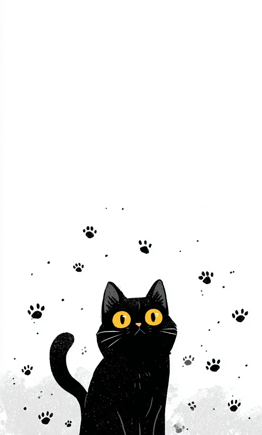 Cute black cat illustration with yellow eyes and paw prints in a minimalist vector style on a white background.