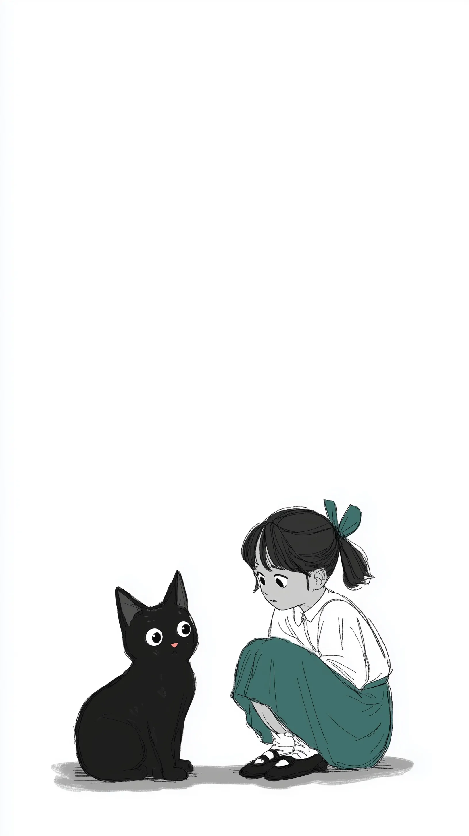 A minimalist flat illustration of a girl looking at a cute black and white cat by a wall, iPhone 17 wallpaper style.