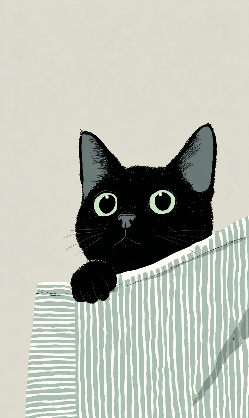 Flat illustration of a cute black cat with green eyes peering over a striped pink blanket on a neutral background.