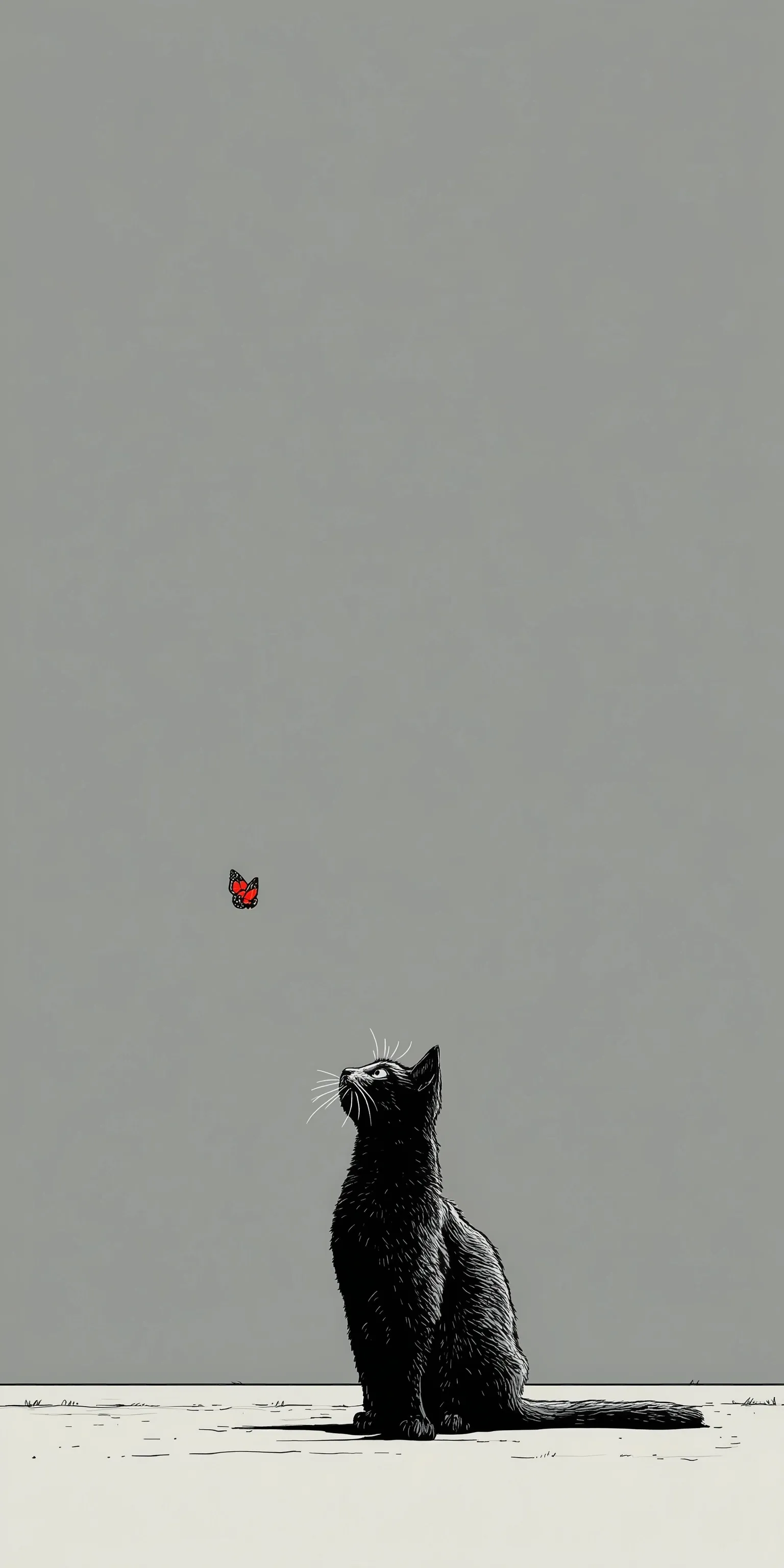 A cute black and white cat sitting and looking at a butterfly against a minimal background for iPhone 17 wallpaper.