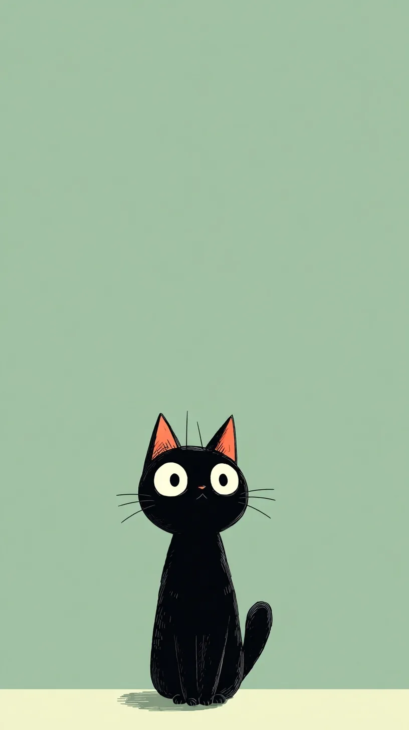 A cute black and white cartoon cat anime wallpaper, simple art style in the aesthetic of Goro Fujita and Mary Blair.