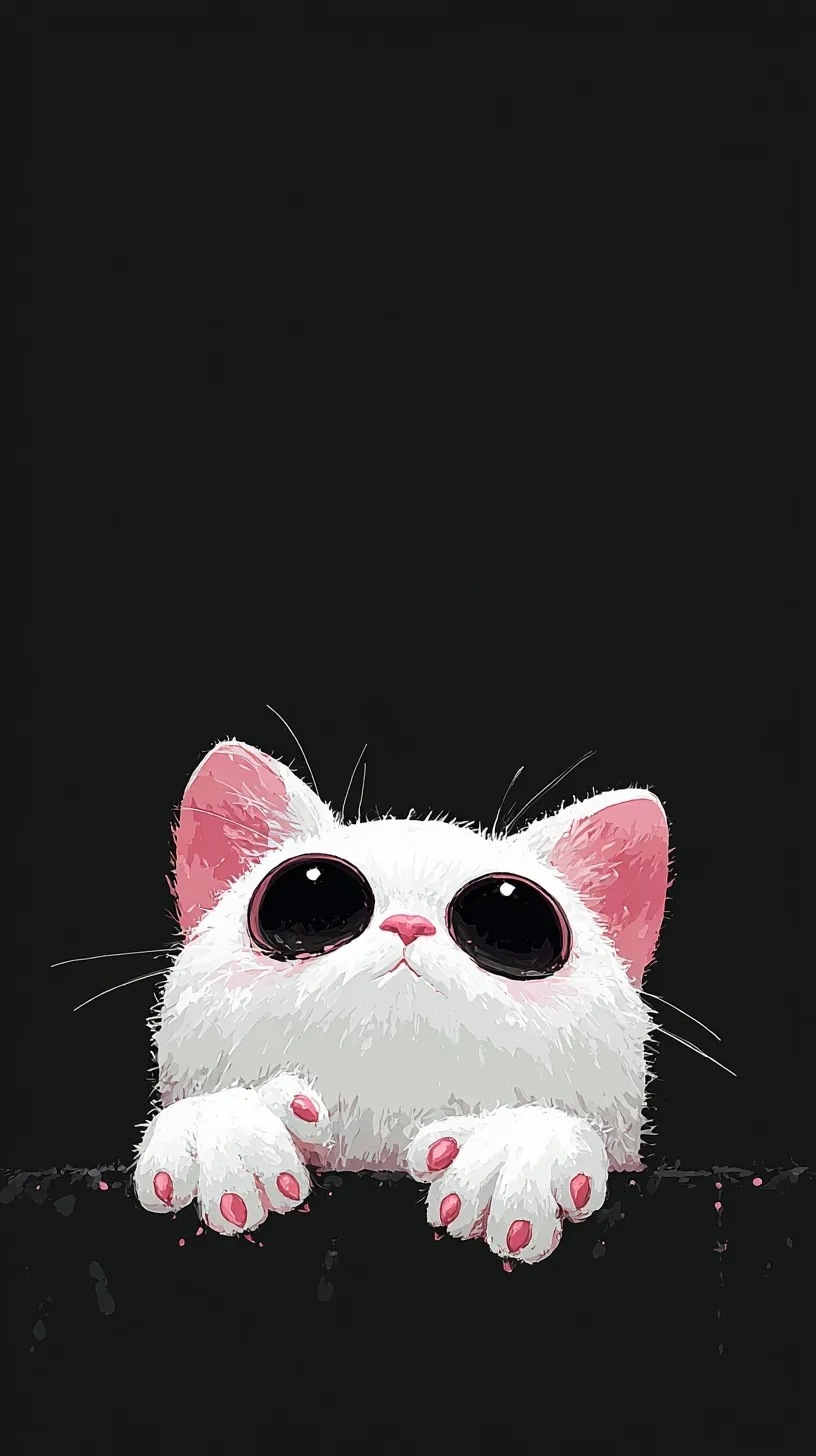 Cute black and white cat with big eyes and pink paws in 8K Pixar animation style for iPhone wallpaper.