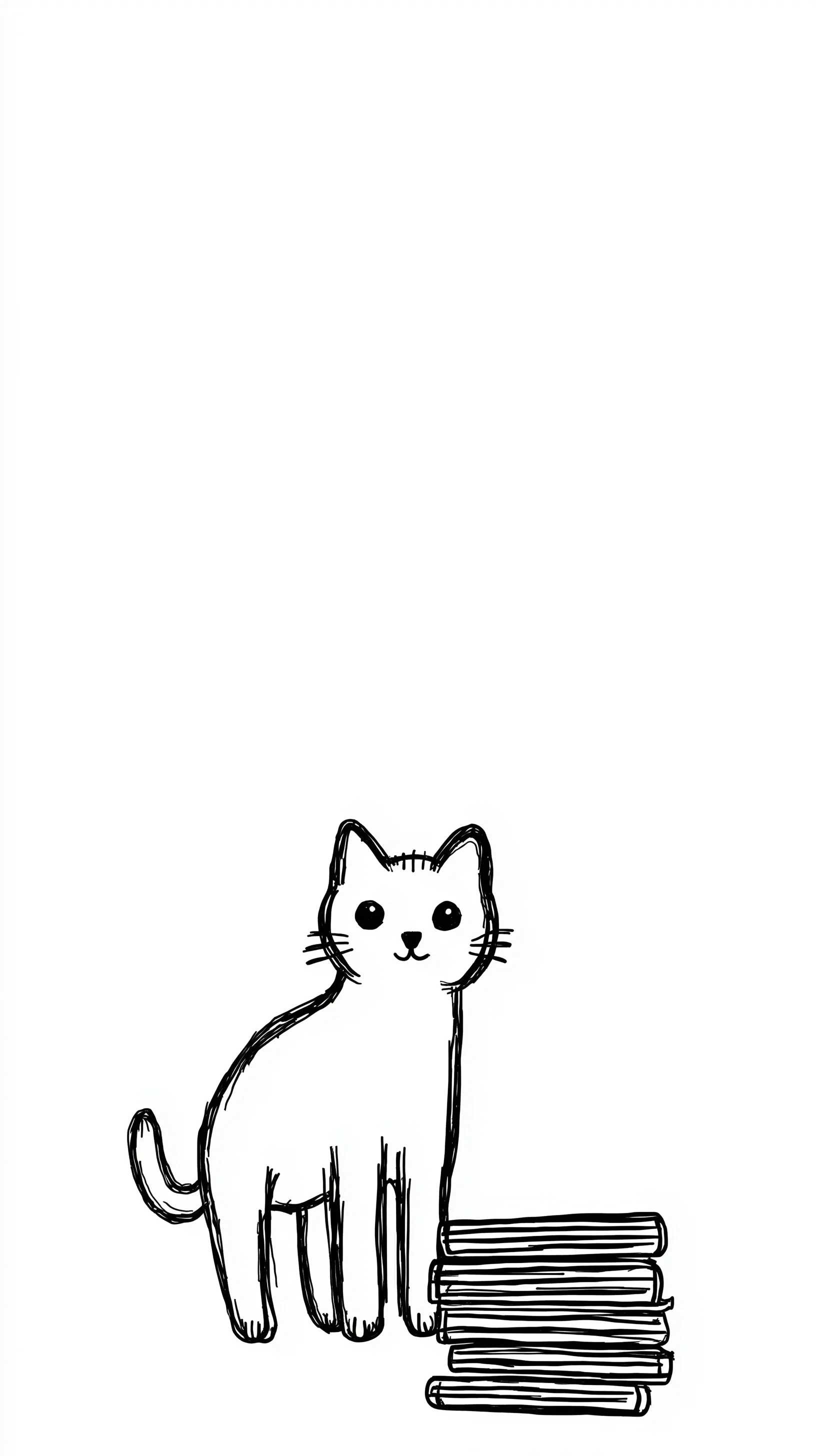 Minimalist black line drawing of a cute cat sitting on a stack of books, isolated on a white background.