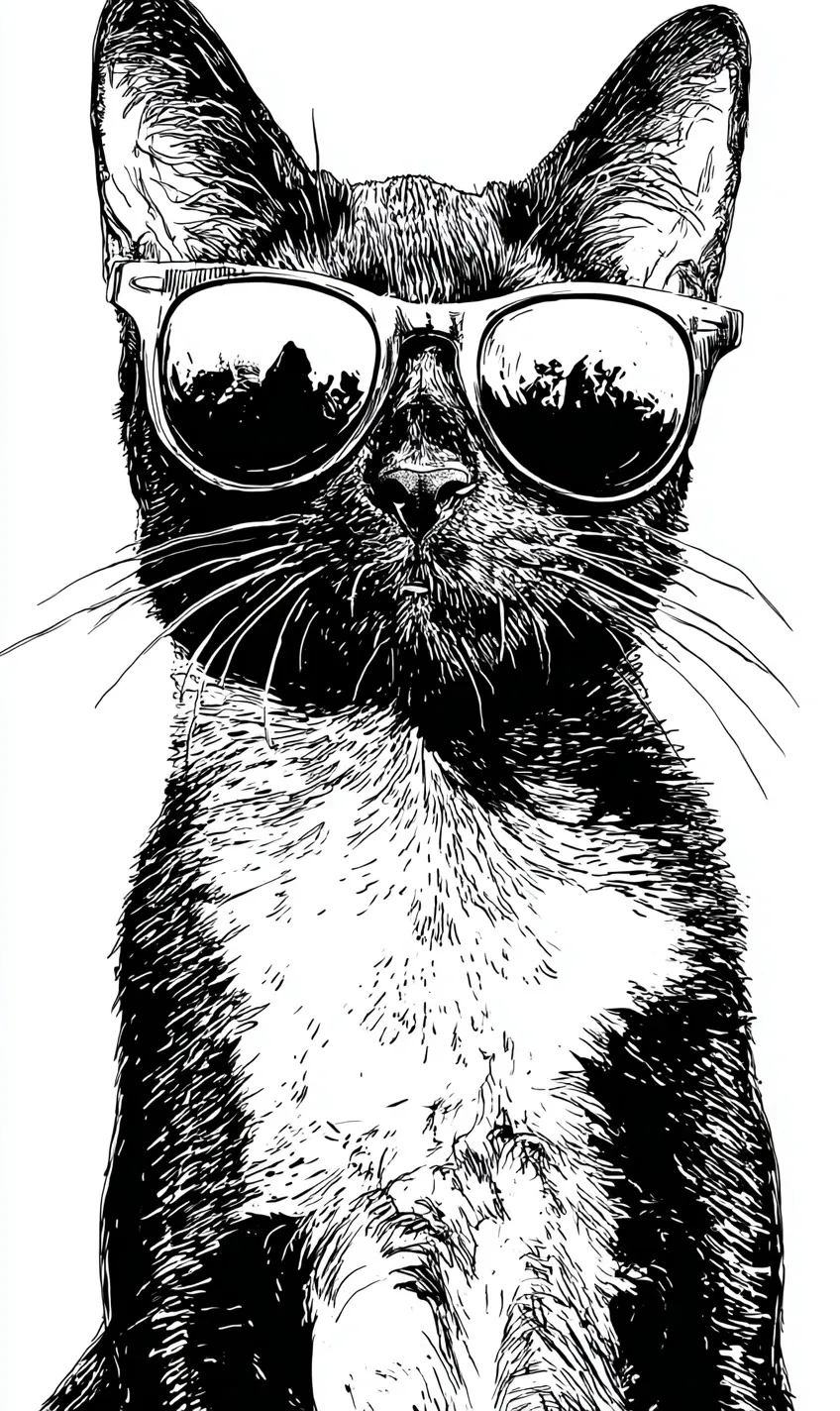 Bold black and white cat illustration with sunglasses, edgy marker sketch style, isolated on a white background.