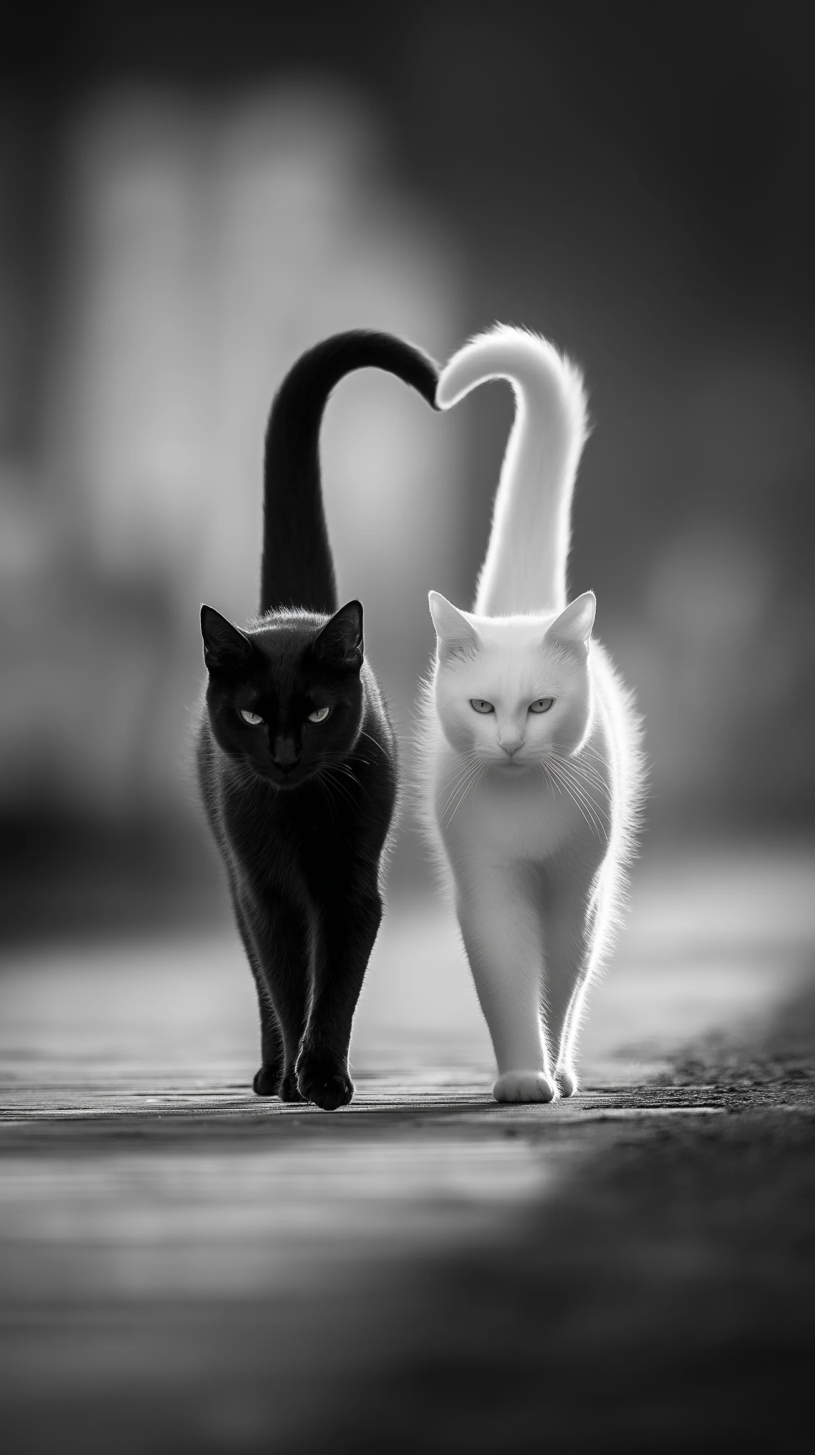 A black cat and white cat walking side by side with tails forming a heart shape, cinematic bokeh background.
