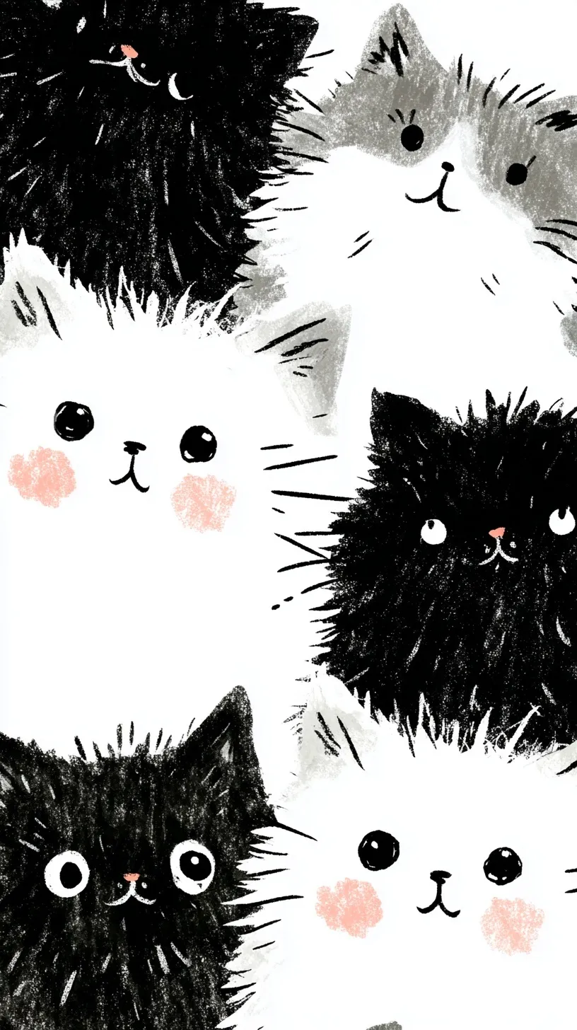 Cute black and white cat illustration in Japanese watercolor style, perfect for iPhone 17 Pro Max wallpaper.