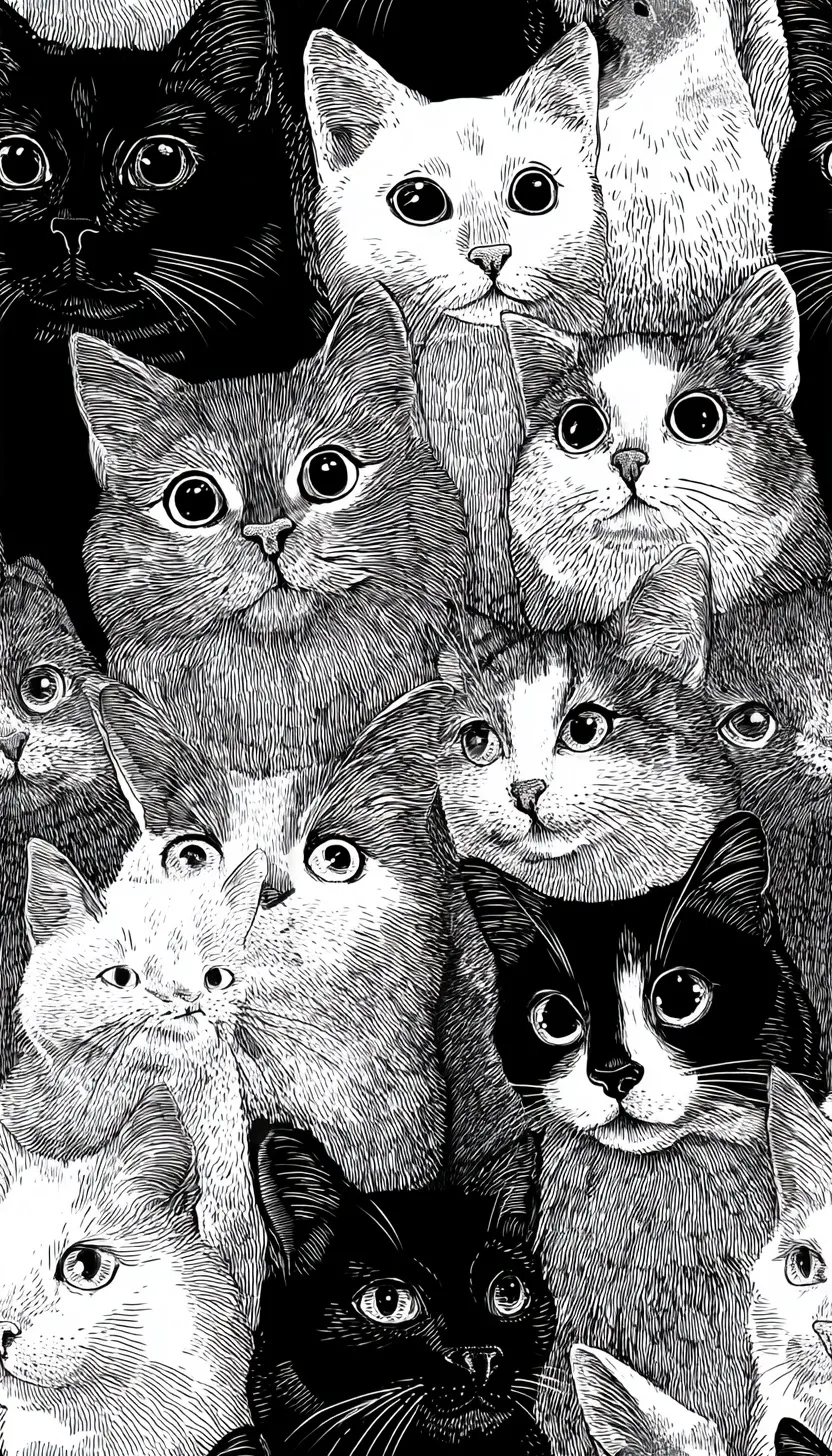 Seamless vector line art of cute cats on a black background, perfect for a high-resolution iPhone 17 wallpaper.