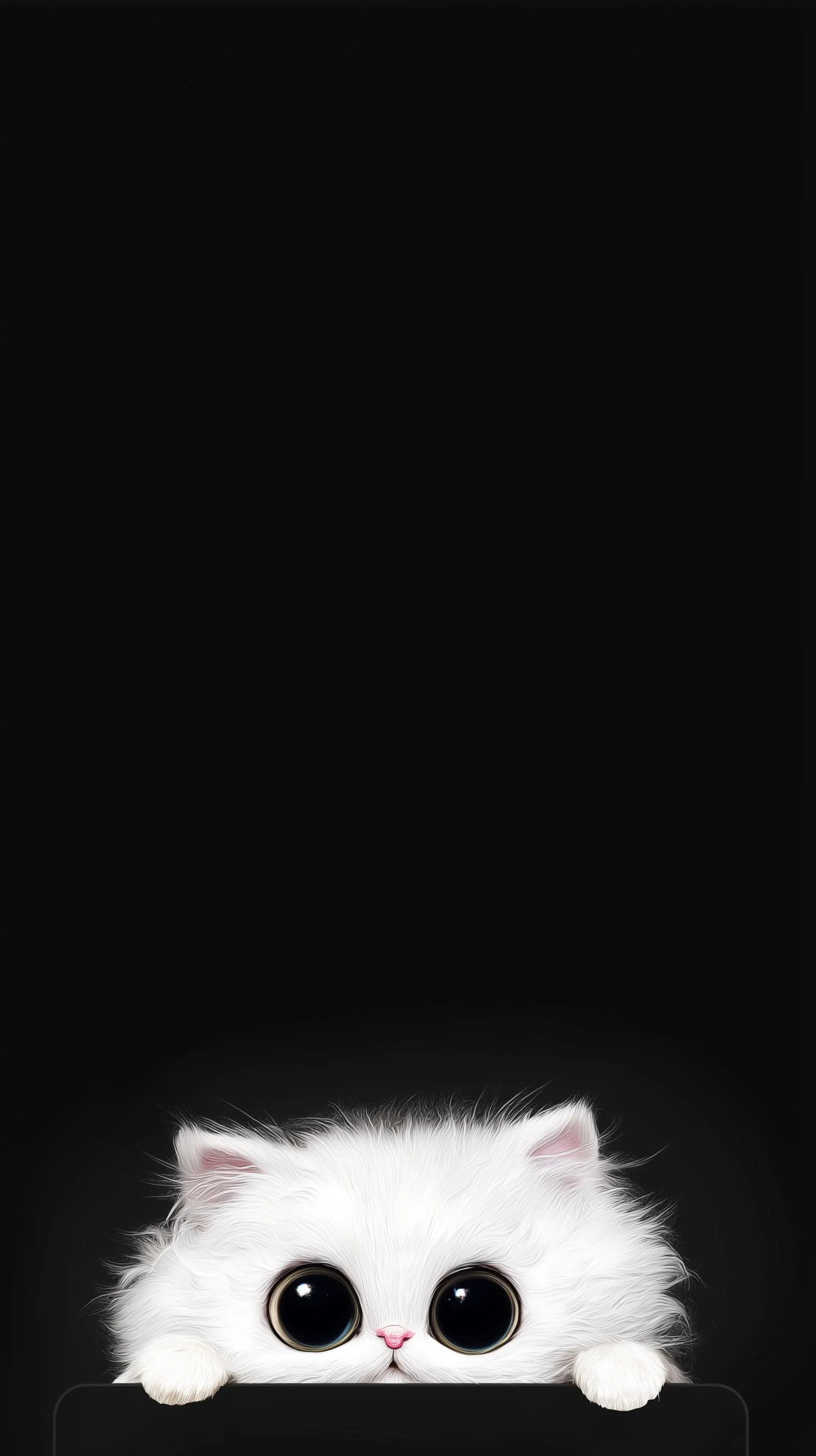 A cute fluffy black and white cat peeking upside down, designed for iPhone 17 Dynamic Island.
