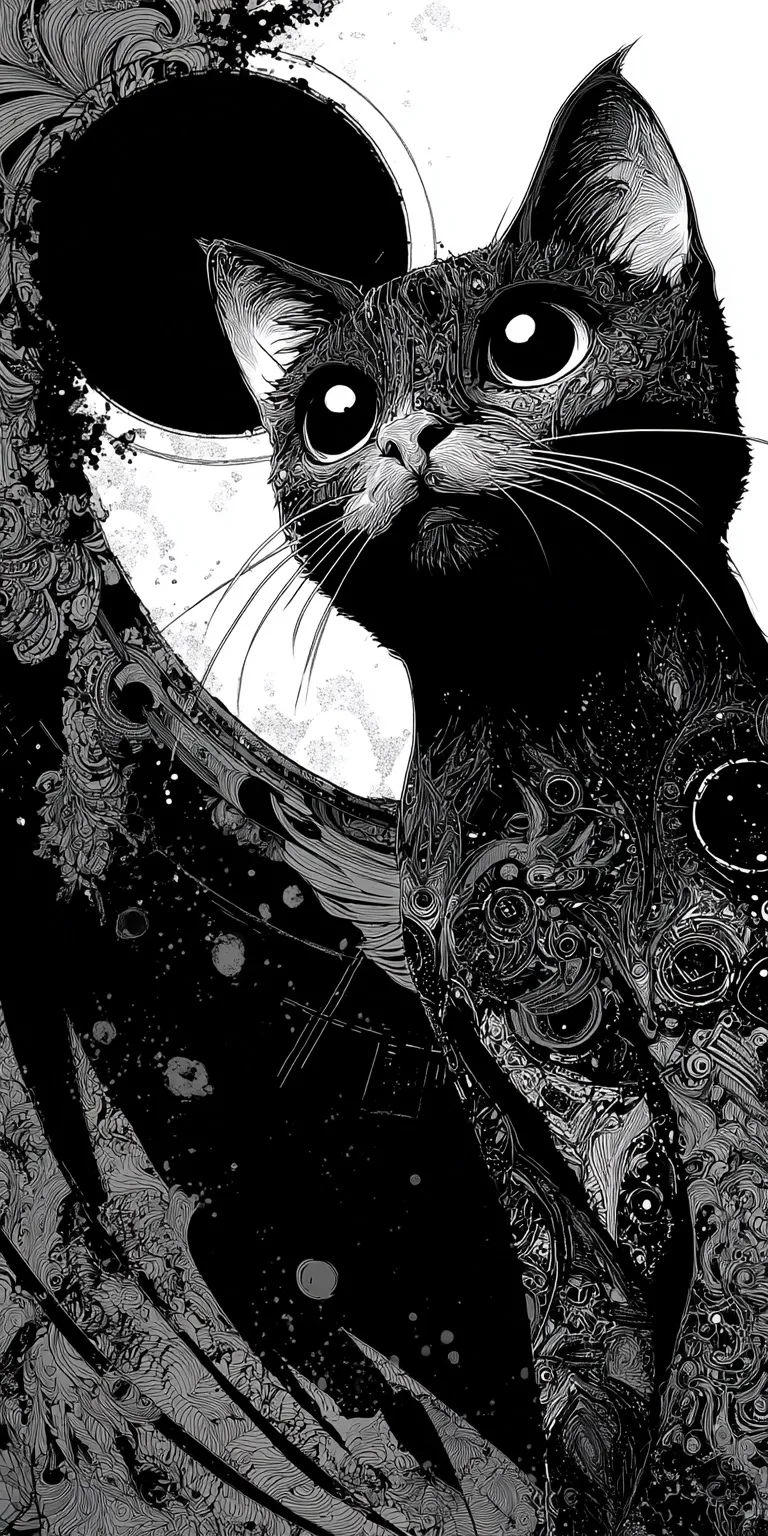Hand-drawn black and white ink illustration of a cute cat with whimsical swirling patterns for iPhone 17 wallpaper.