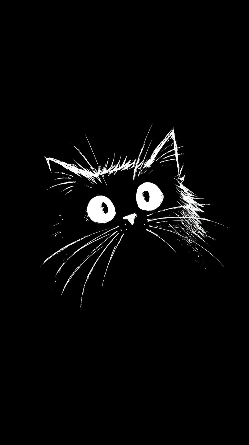 Minimalist black and white cat line art portrait for iPhone 17 wallpaper with a clean black background.