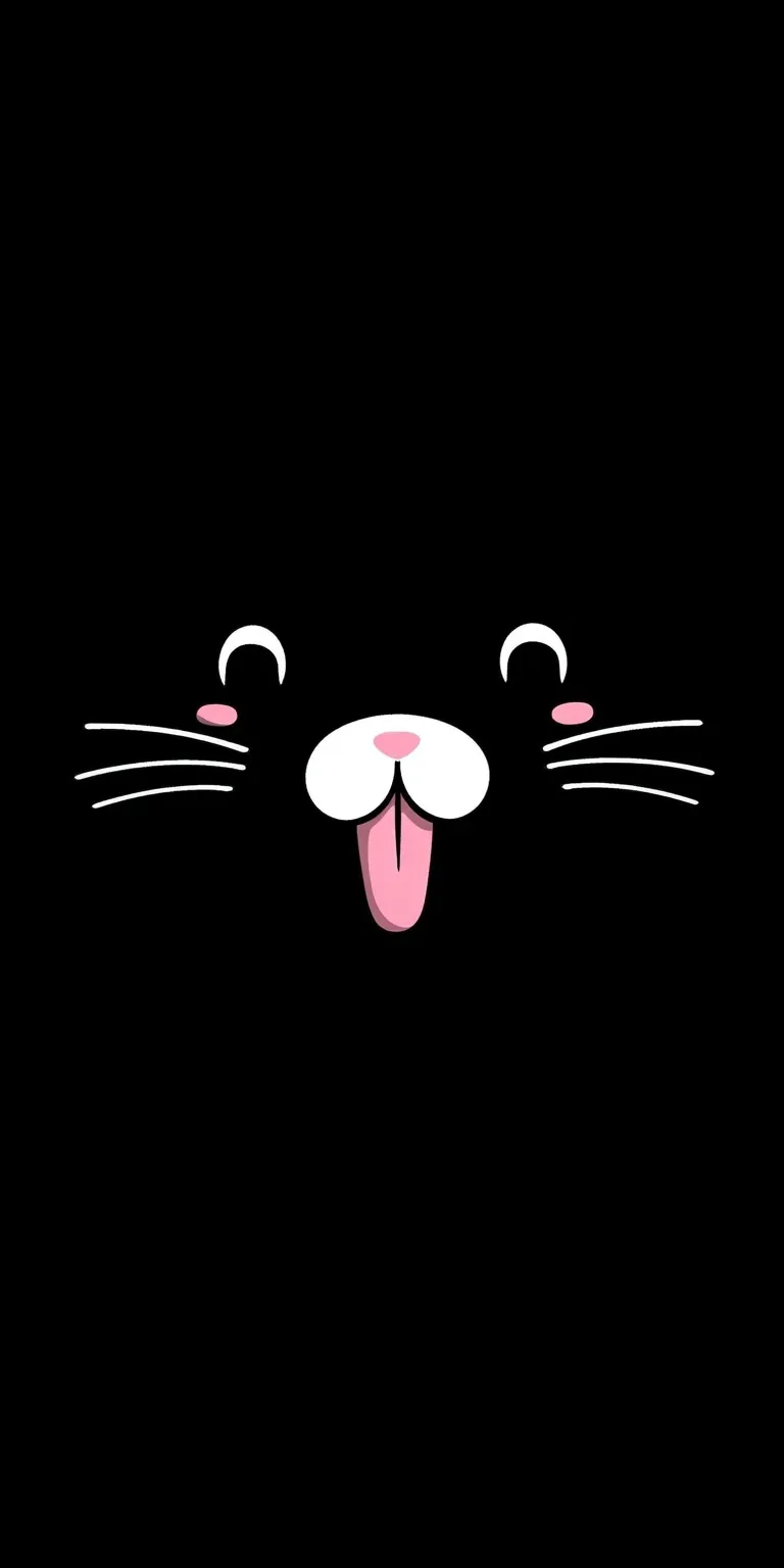 Minimalist cartoon black and white cat face with pink nose for iPhone 17 Pro Max wallpaper.