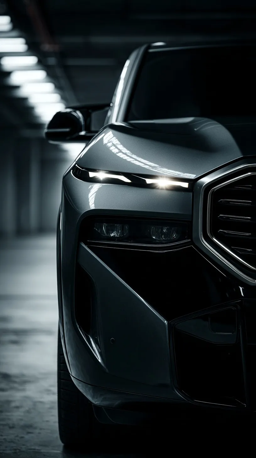 Cinematic showroom shot of a sleek black BMW XM luxury SUV, perfect for a high-resolution iPhone wallpaper.
