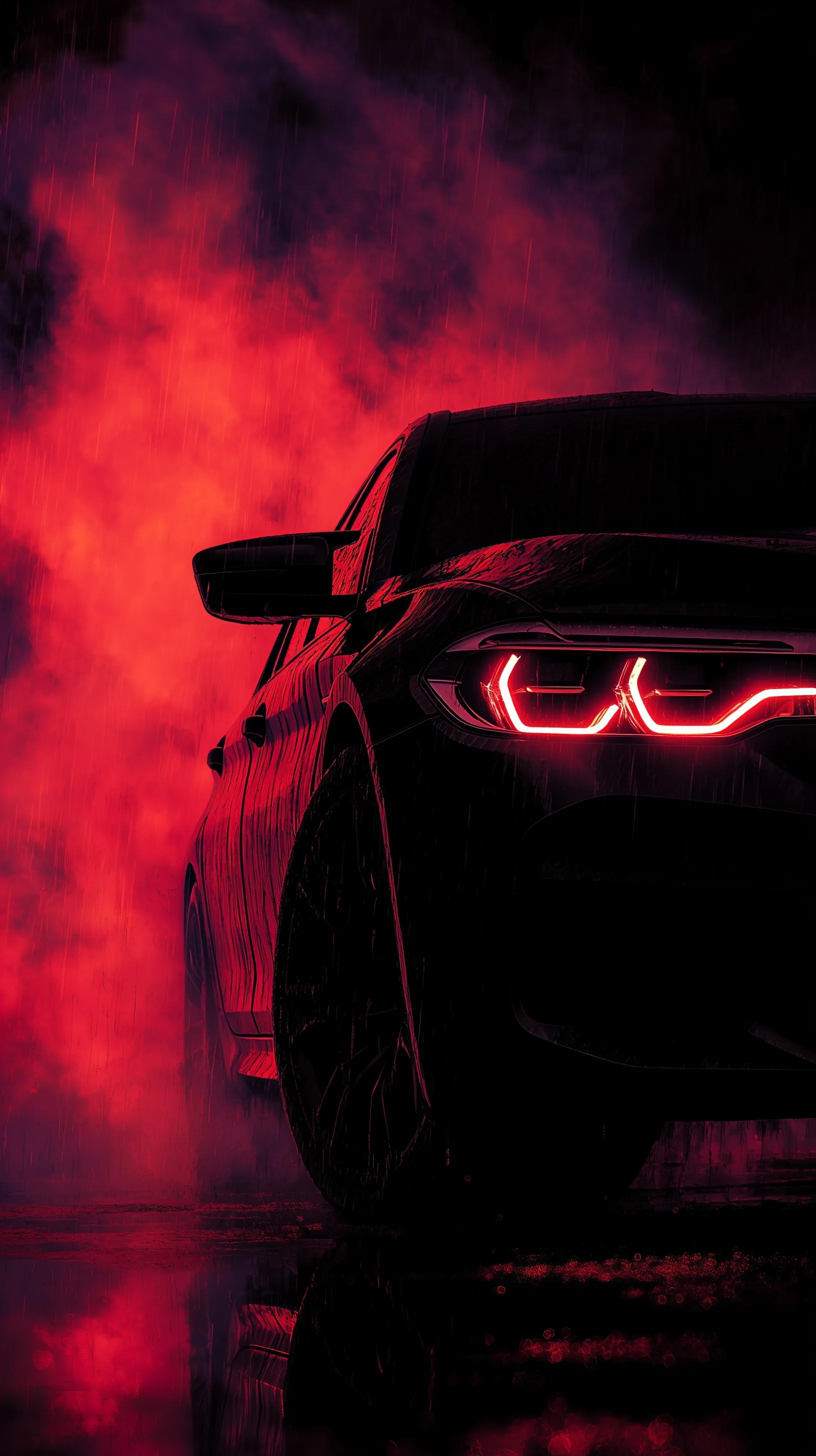 Sleek BMW M5 front view with glowing LED headlights and red gradient background for a premium dark cinematic wallpaper.
