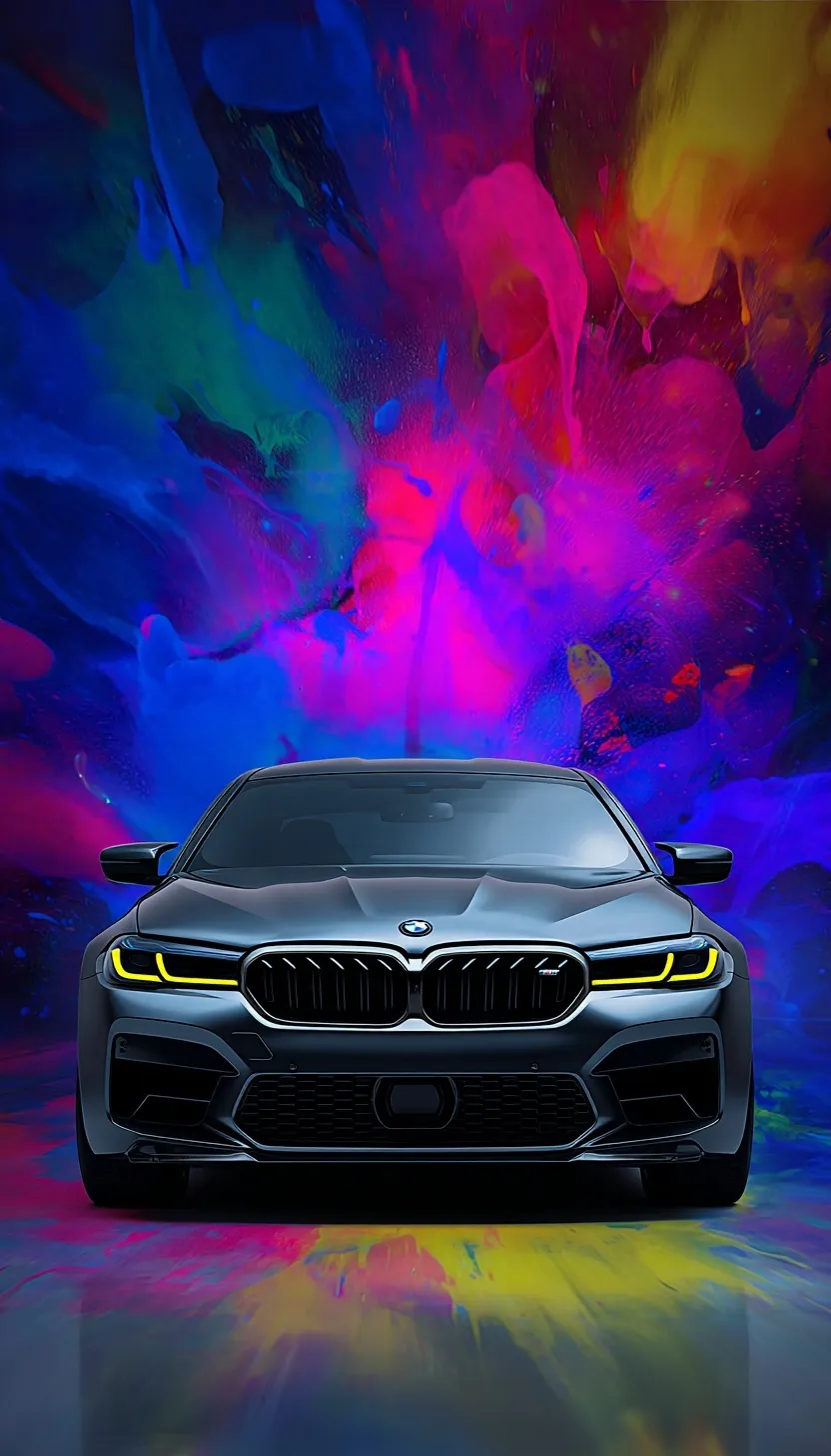 Abstract BMW M Series wallpaper for iPhone featuring dynamic M badge color accents on a dark background.