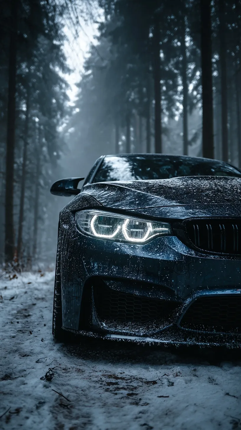 A dark blue BMW M4 Competition covered in snow and ice, parked in a foggy, cinematic forest at night.