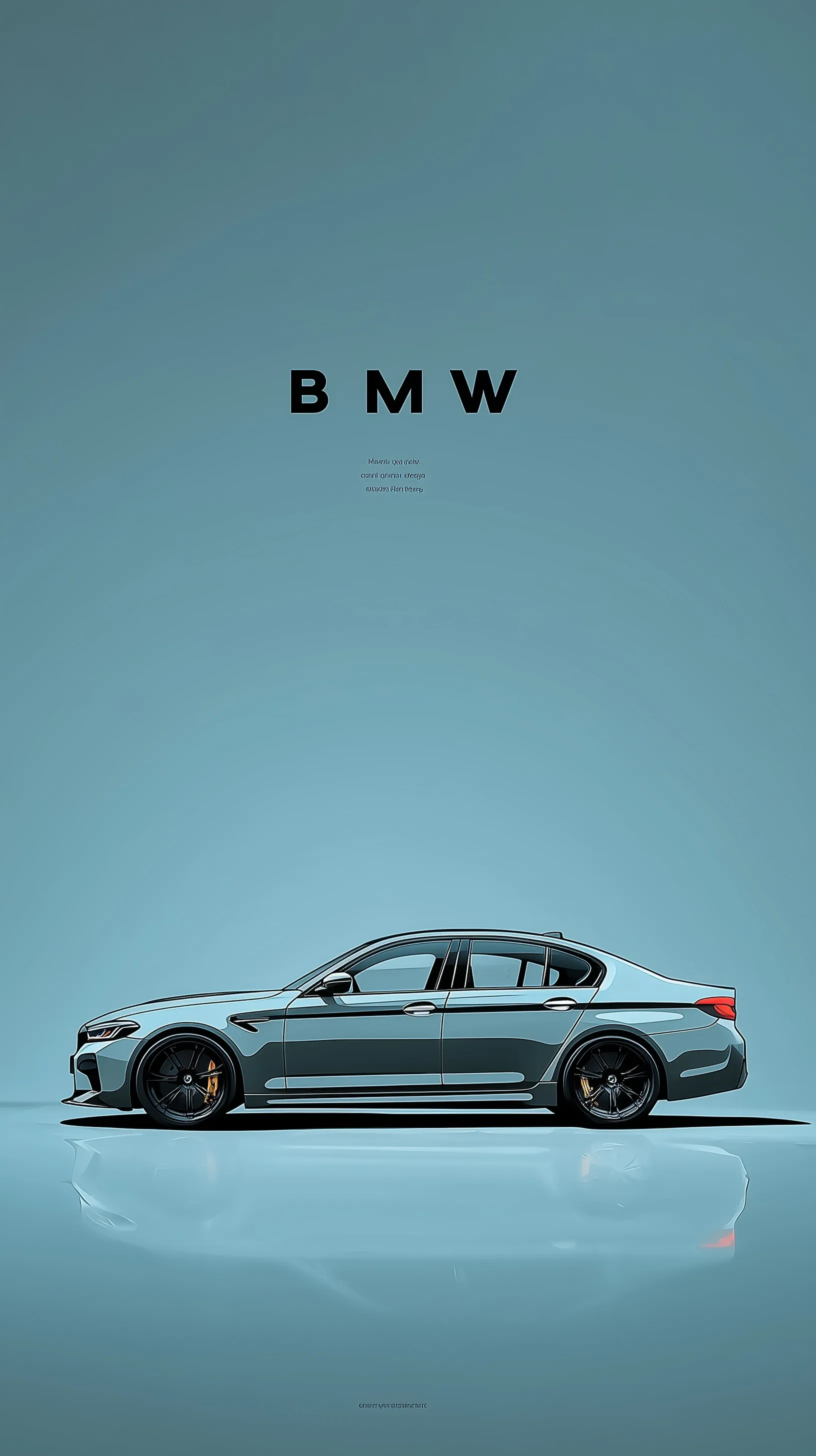 Minimalist vector illustration of a BMW M5 side profile with bold typography on a smooth blue gradient background.