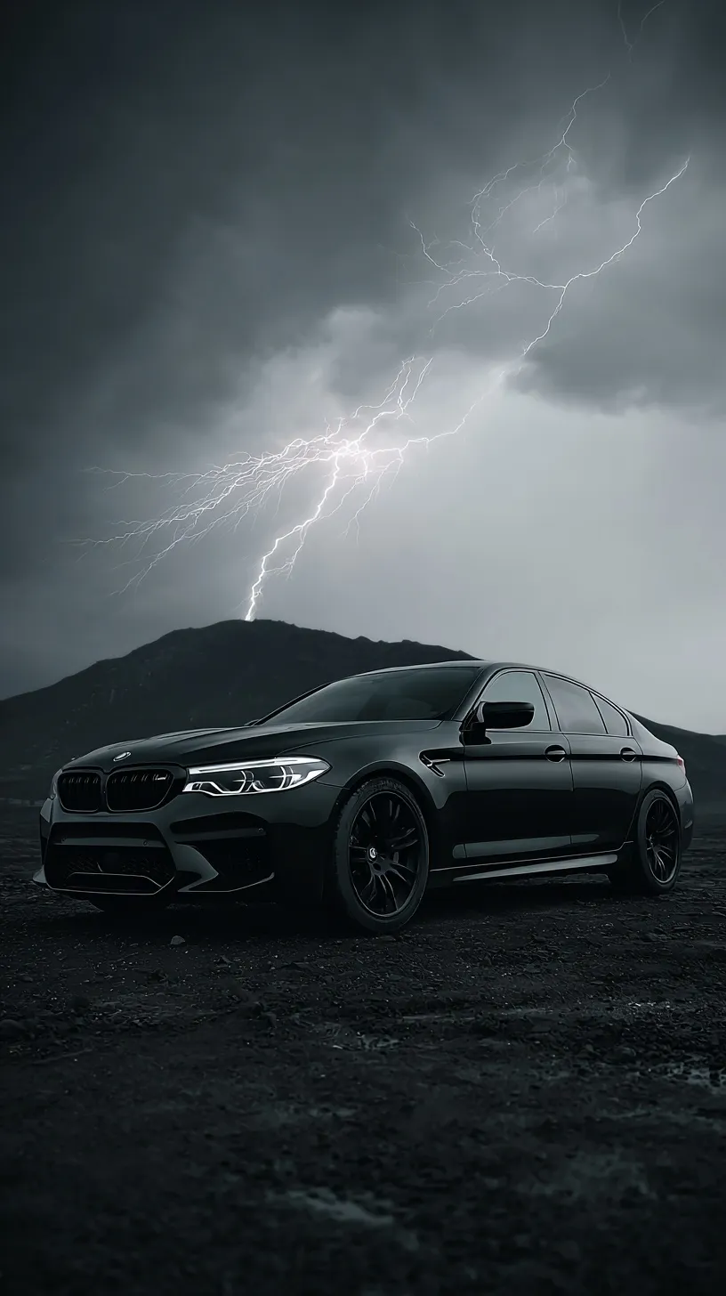 A sleek black BMW parked in a dark landscape under a dramatic night sky filled with striking white lightning bolts.