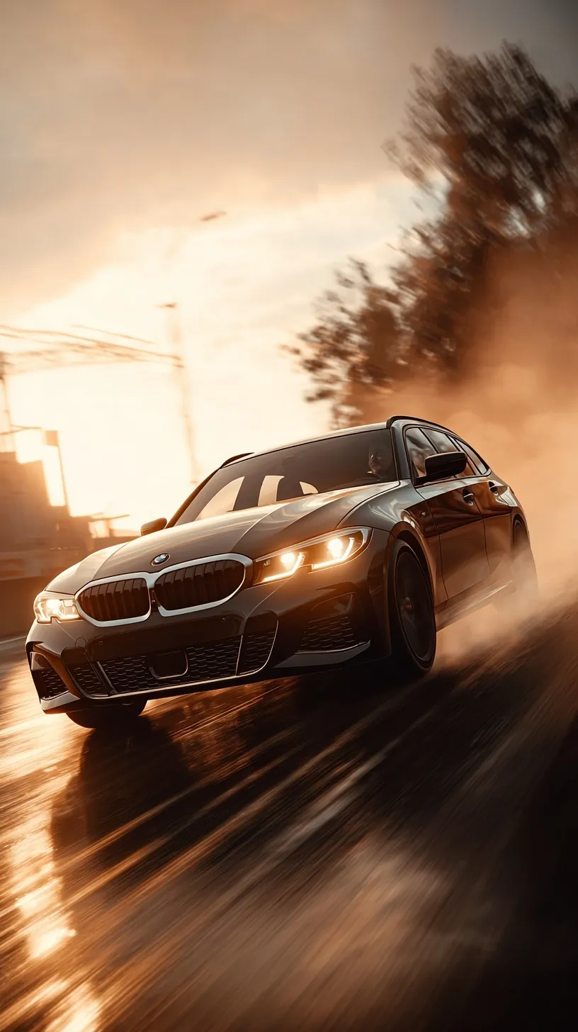 Cinematic motion blur shot of a BMW M340d Touring drifting at high speed under warm sunset lighting.