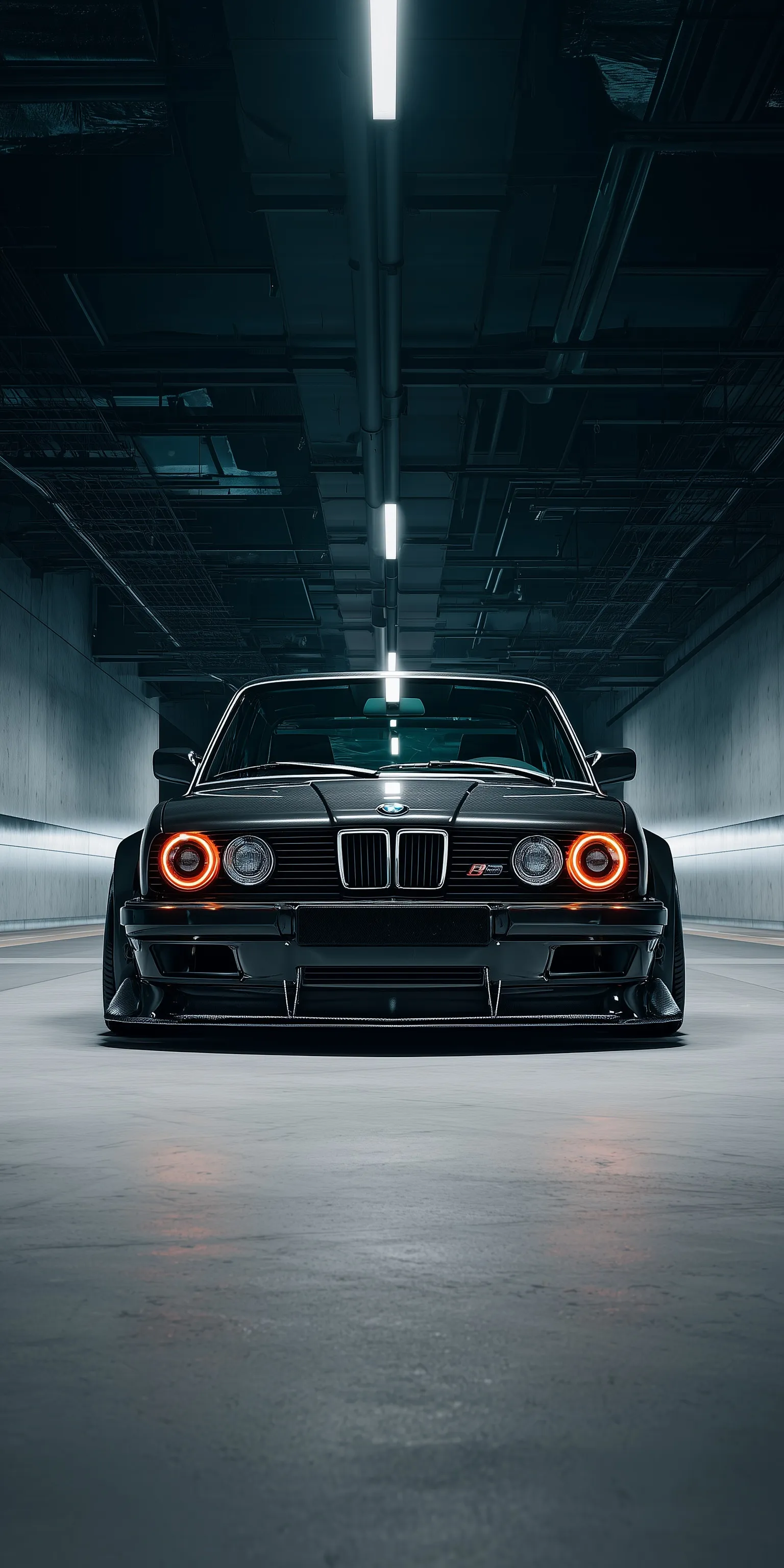 Custom Liberty Walk BMW M5 with carbon fiber body kit and neon wheels, top-down view for iPhone wallpaper.
