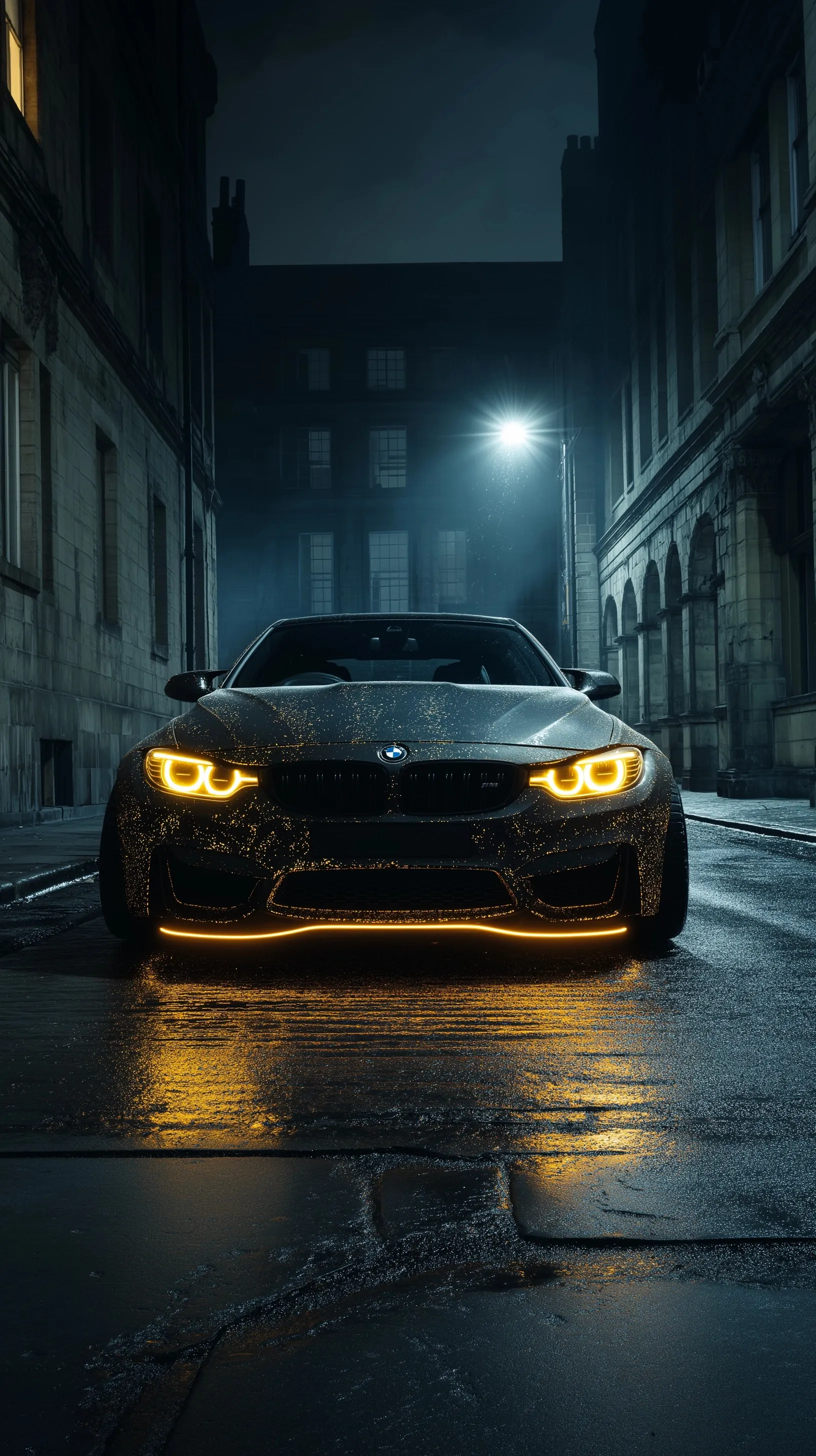 Dark BMW M4 parked on a gothic street at night featuring a glowing golden arcane halo and mystical light effects.