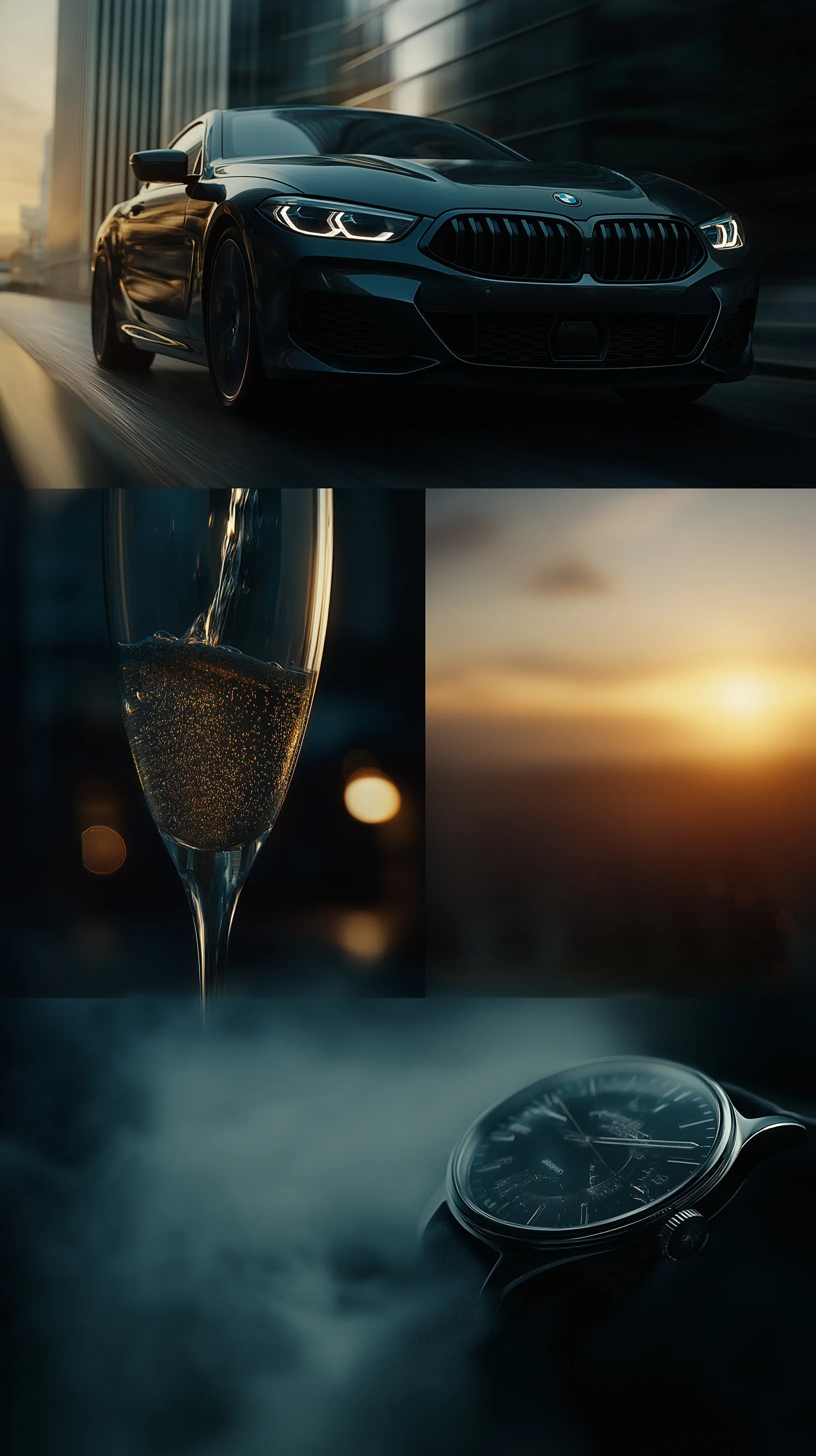 Cinematic collage of a luxury black BMW, champagne, city skyline, and designer watch, vertical 4K mobile wallpaper.