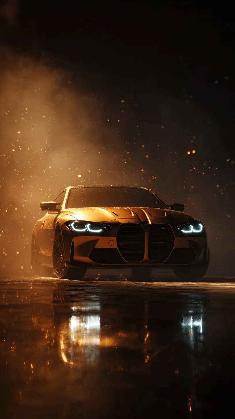 2025 BMW 4 Series emerging from darkness in a cinematic golden spotlight with smoke for iPhone wallpaper.