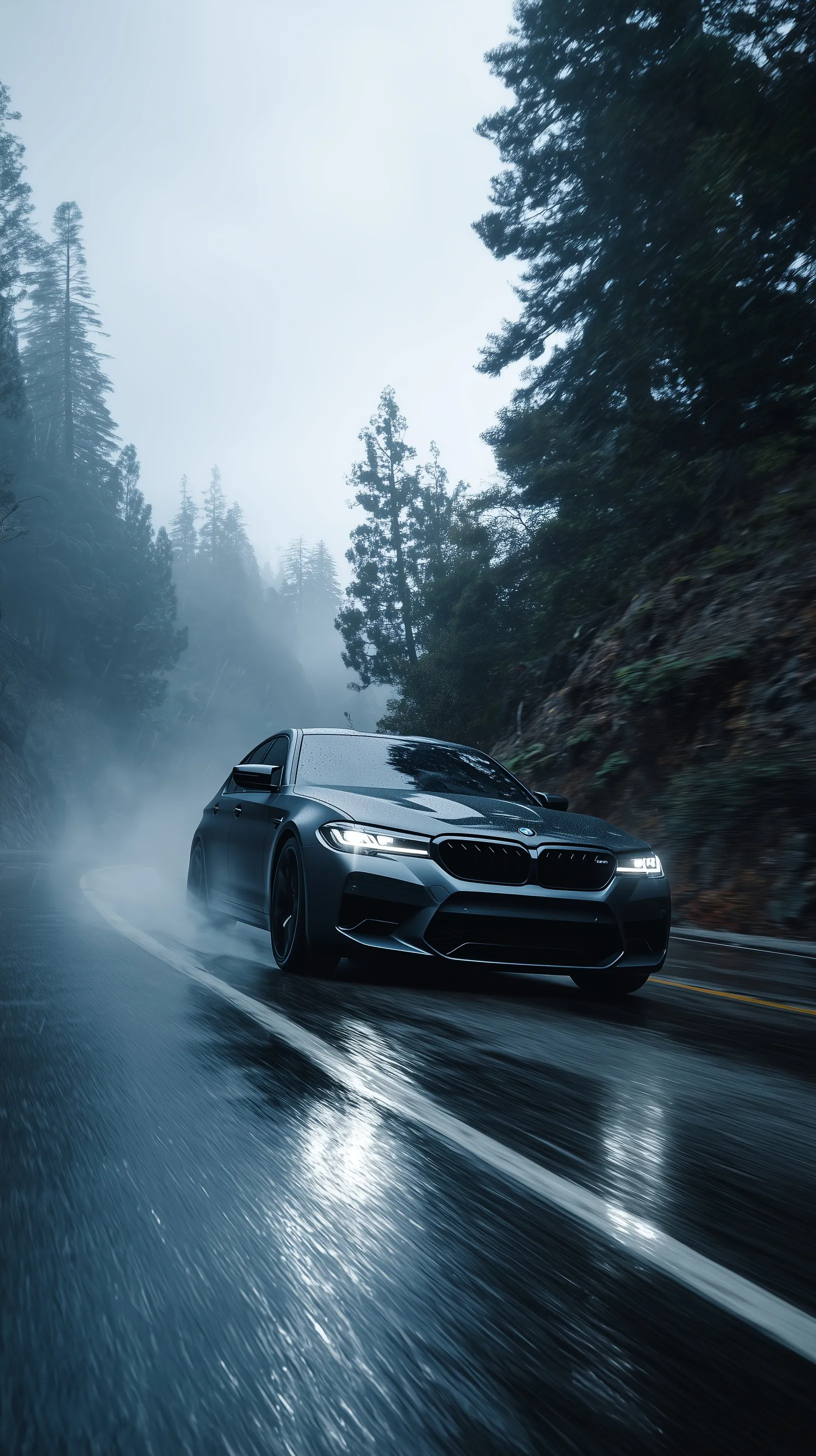 A man driving a black 2025 BMW M5 on a wet, misty mountain road, cinematic style perfect for iPhone wallpapers.