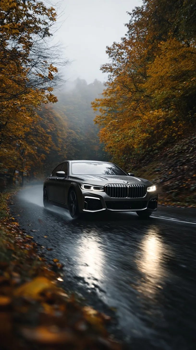 A 2020 BMW 740i in Bernina Grey driving on a wet, leaf-strewn road during an overcast autumn day.