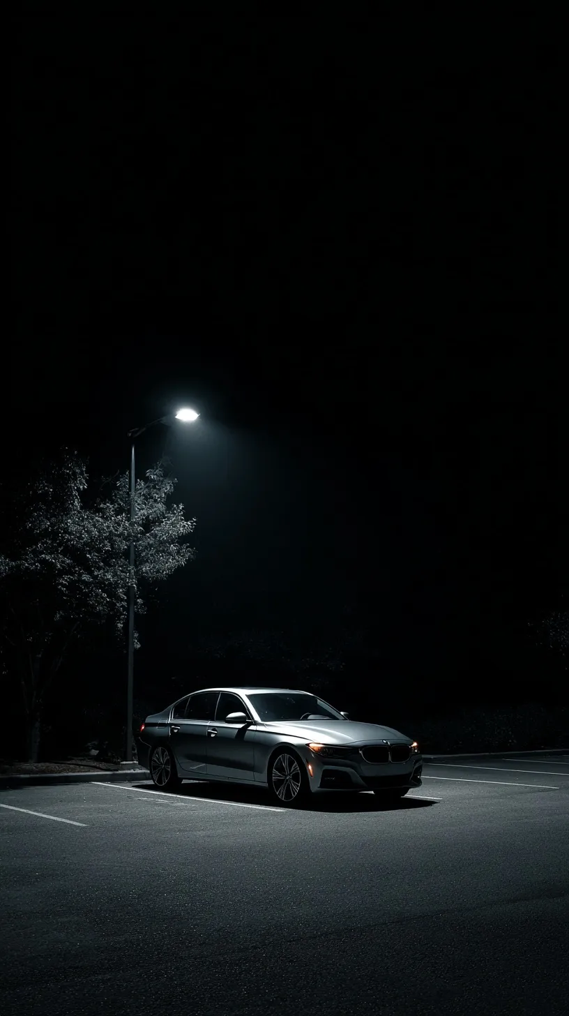 A sleek modern BMW sedan parked under a single overhead light in a dark, cinematic parking lot at night.