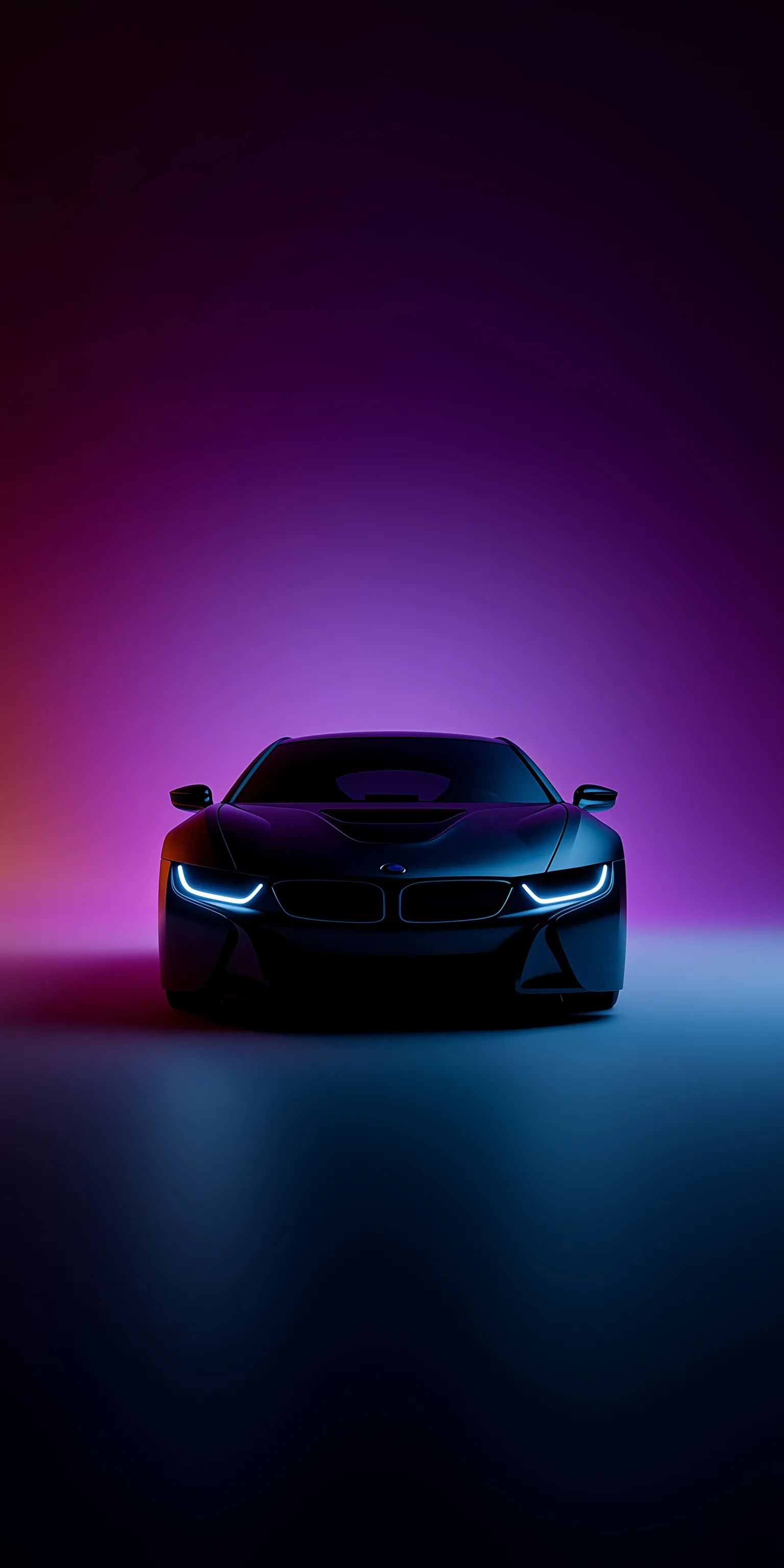 Sleek dark BMW i8 in a minimalist hyperrealistic style against a dreamy pink and violet gradient background.
