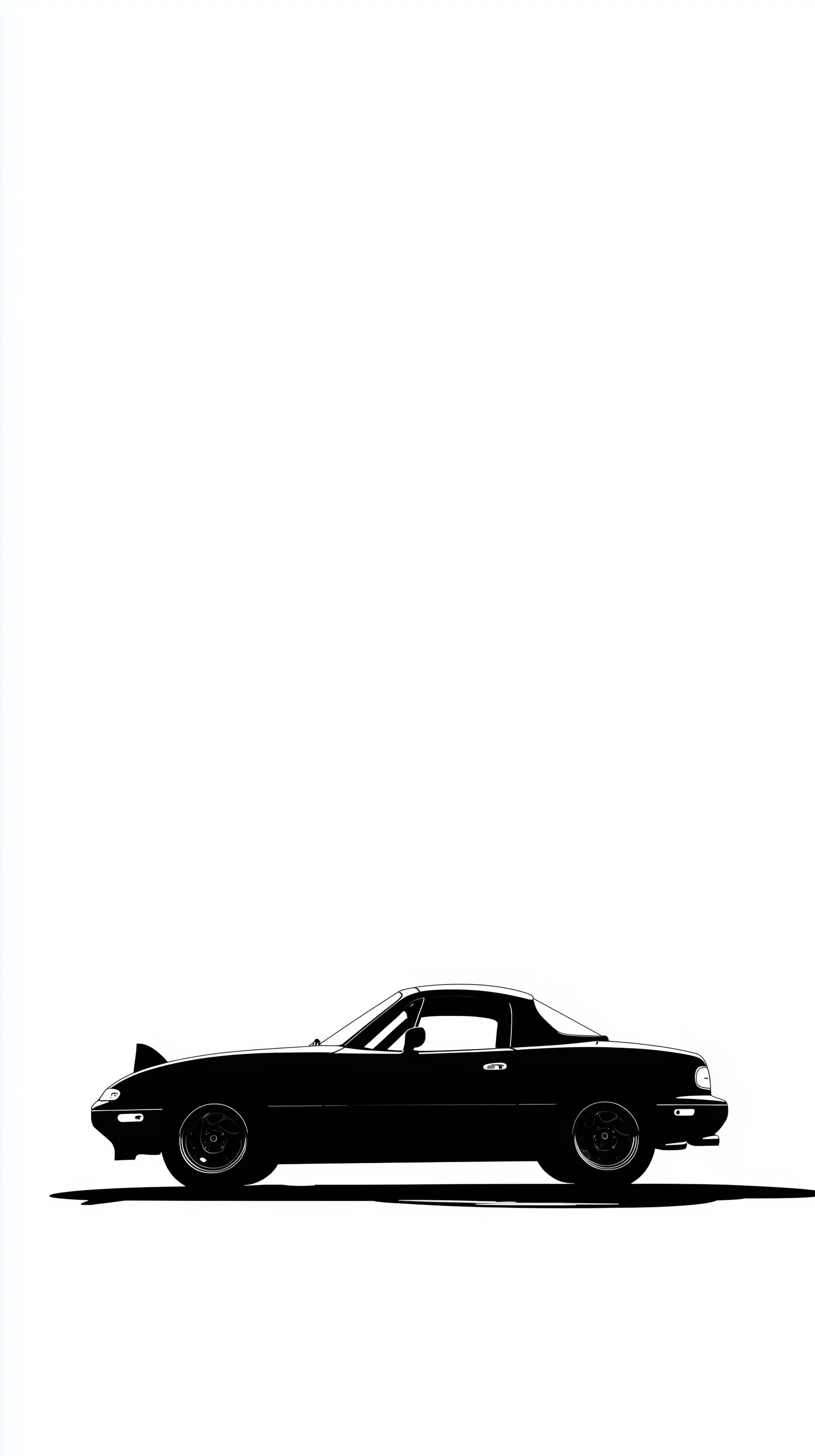 Minimalist black silhouette of a Mazda Miata car isolated on a clean white background.