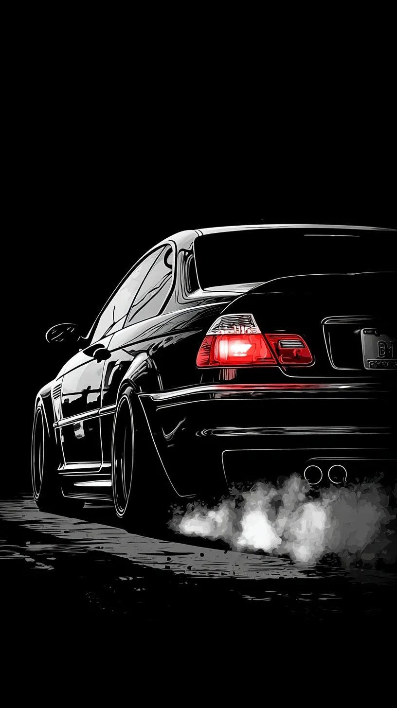Manga style 1998 BMW M3 E46 rear view with glowing red tail lights and tire smoke for iPhone wallpaper.
