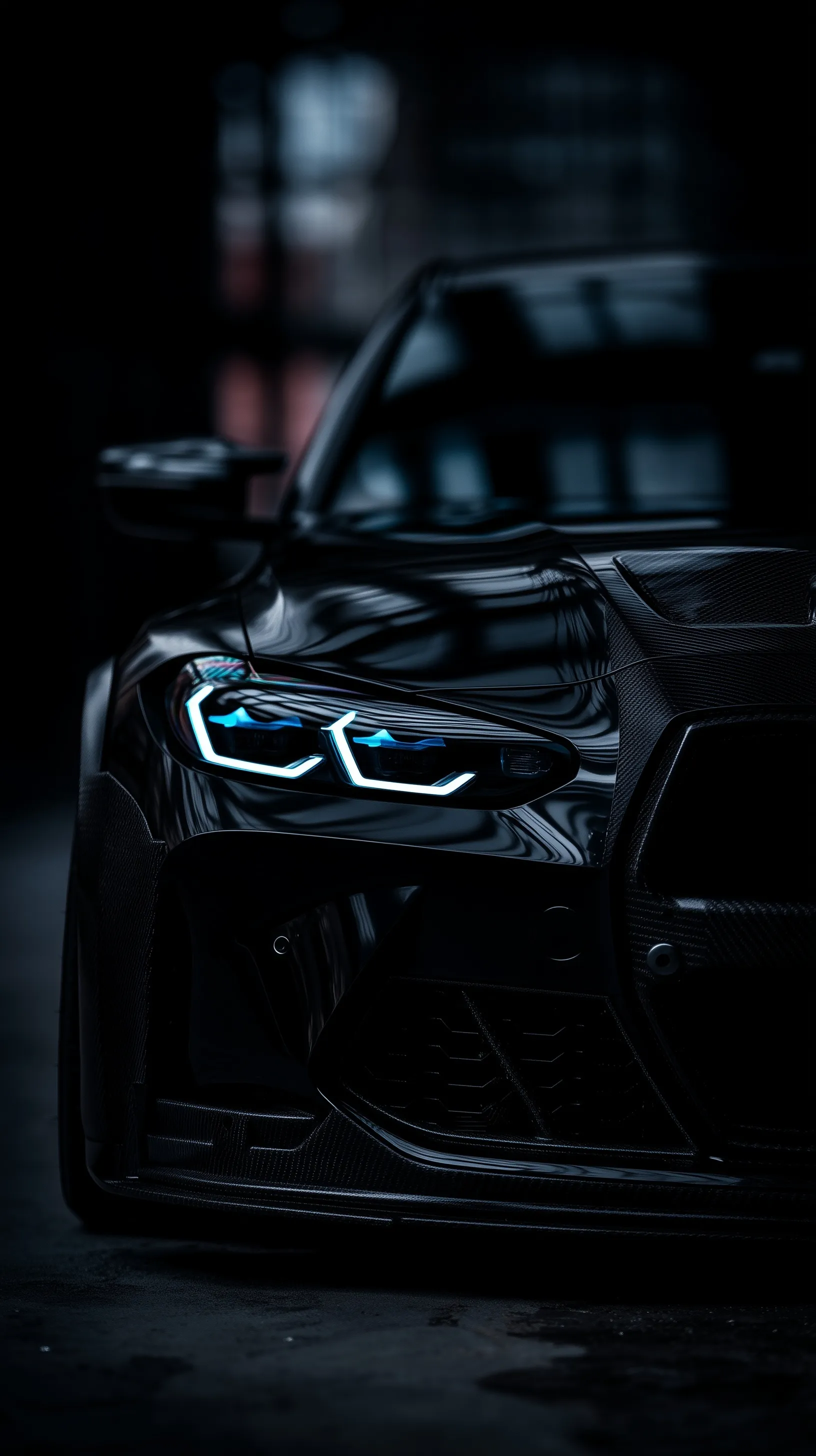 Black custom wide-body 2025 BMW M3 Competition in a cinematic studio portrait, 9:16 mobile wallpaper.