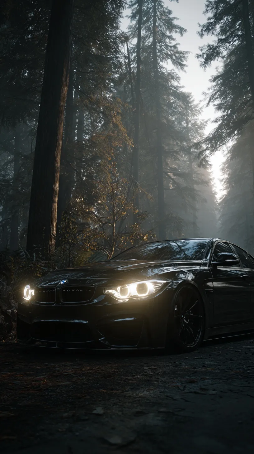 A cinematic 3D studio shot of a black BMW parked in a lush forest, featuring realistic lighting and high detail.
