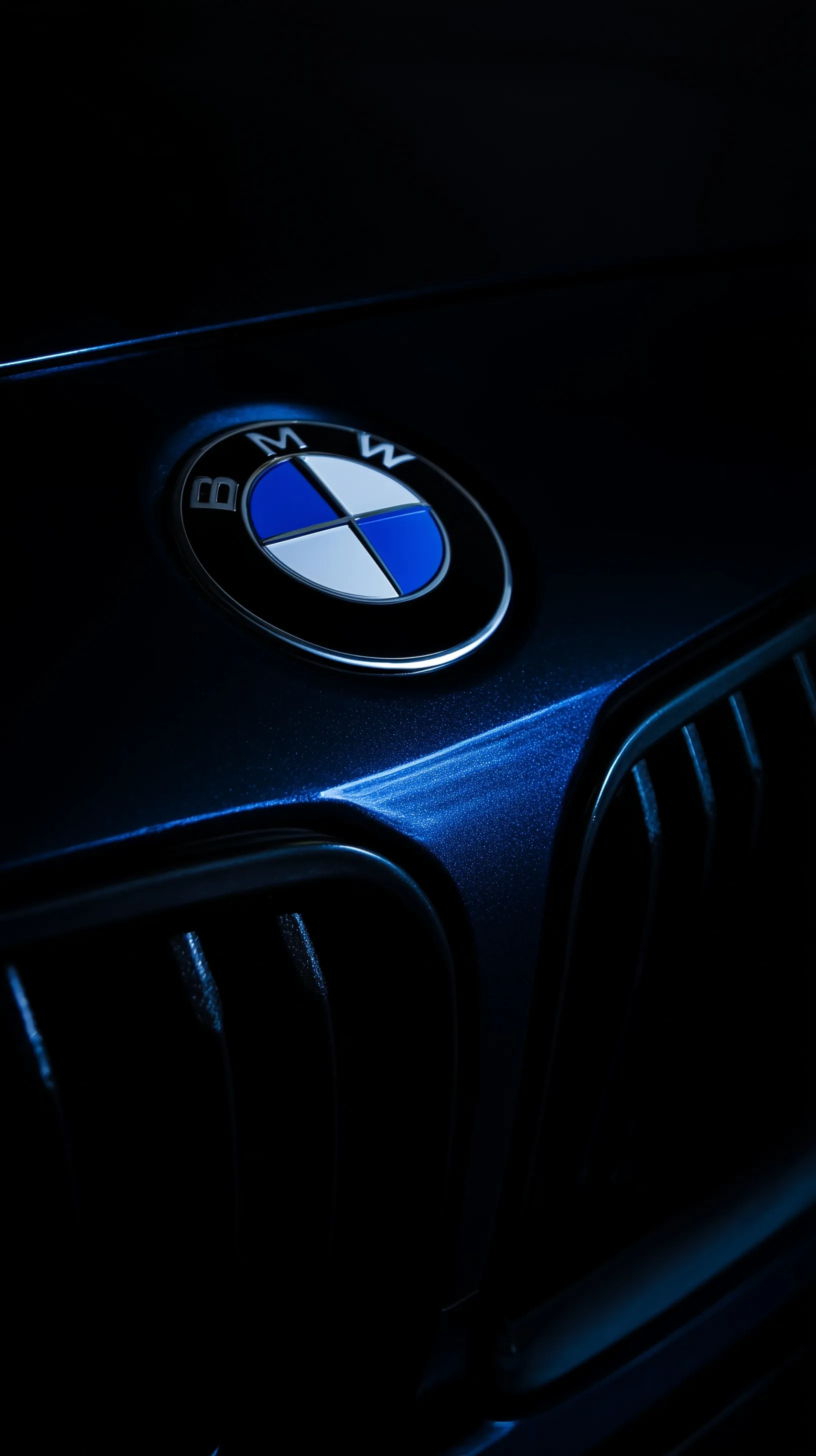High-quality blue and white BMW logo on a dark, cinematic background perfect for an iPhone wallpaper.
