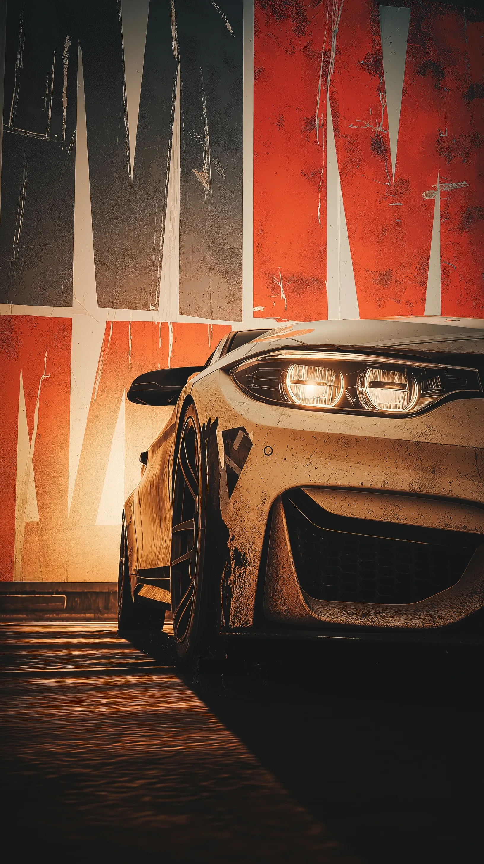 A sleek BMW M4 front-angle shot with a raw grunge, torn-paper aesthetic and cinematic lighting for iPhone.