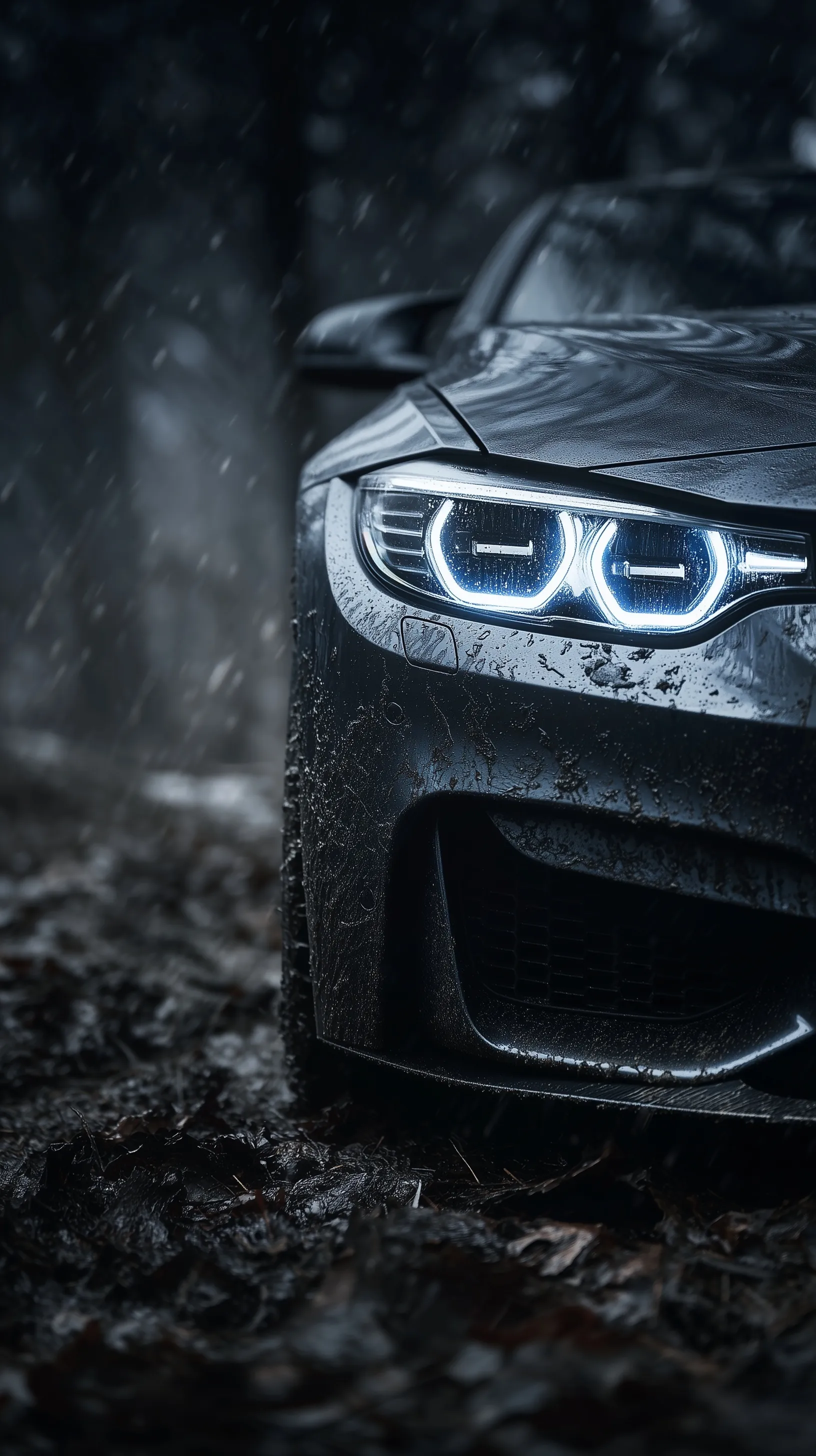 Dark BMW M4 with blue headlights on a muddy leaf-covered ground, captured in a cinematic low-angle close-up shot.