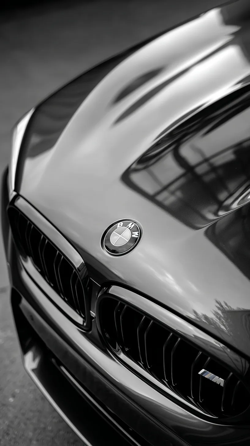 Top-down view of a BMW M5 hood with a sleek silver emblem, featuring clean monochrome tones and editorial style.